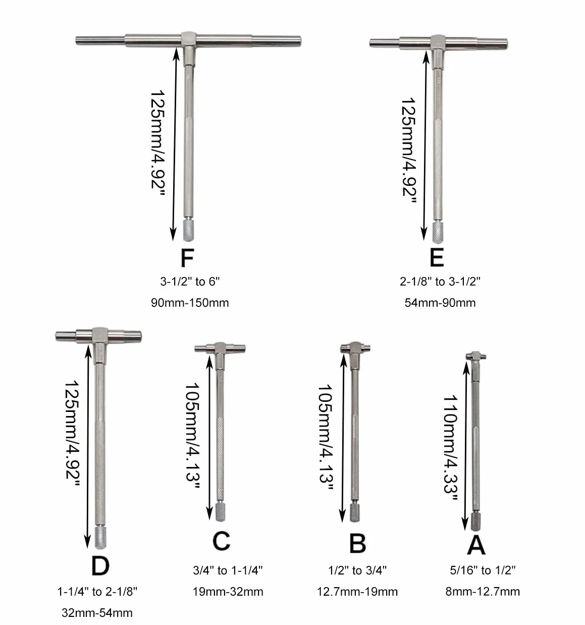 Juego de Medidor Telescópico, T Calibre Agujero con 6 Piezas 5/16″-6″(8-150mm) Alta Precisión Acero Inoxidable para Agujero Rápido Dentro Medición