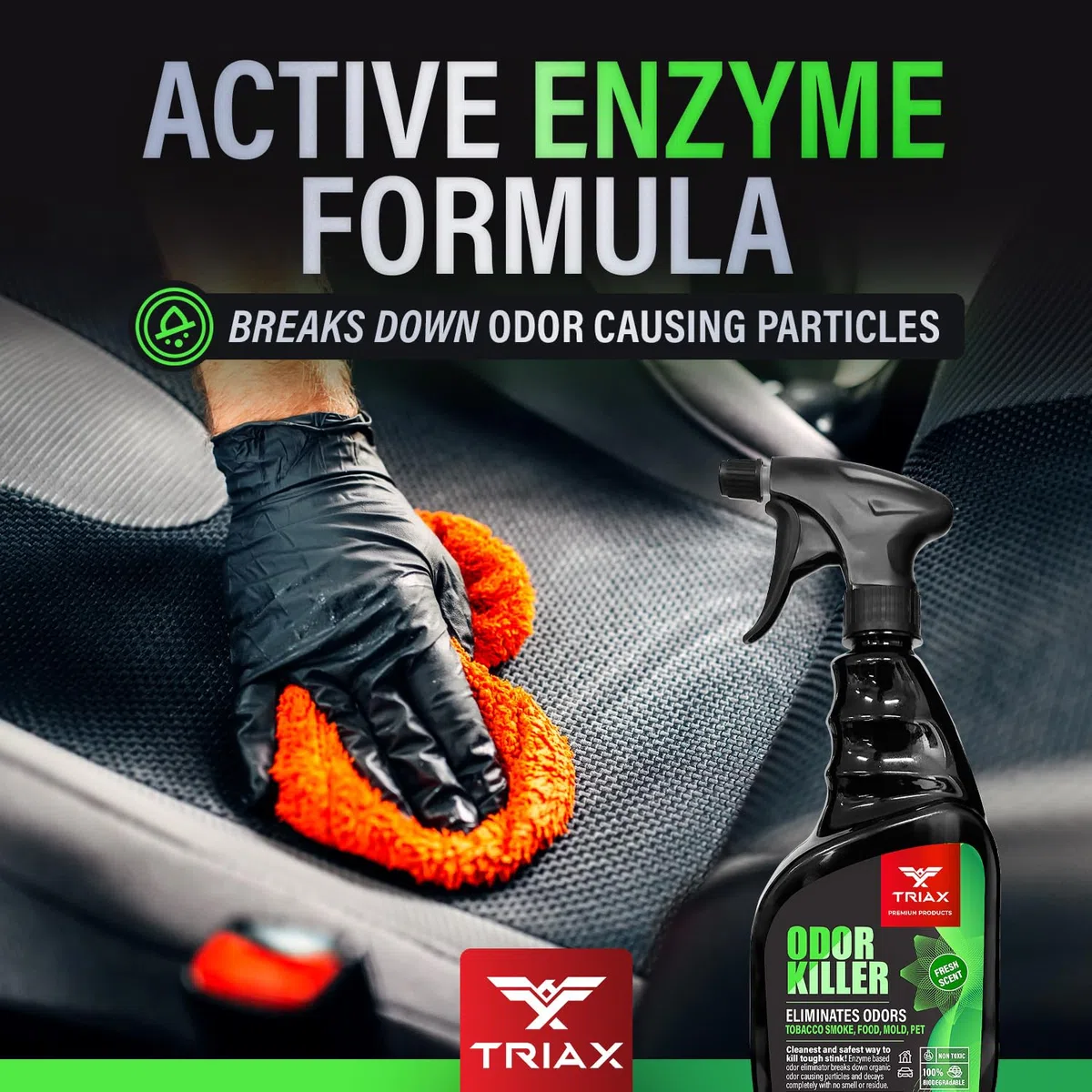 TRIAX Eliminador de olores avanzado, a base de enzimas, aroma fresco, no tóxico y 100% biodegradable, uso multisuperficie para alfombras, telas, superficies duras y más