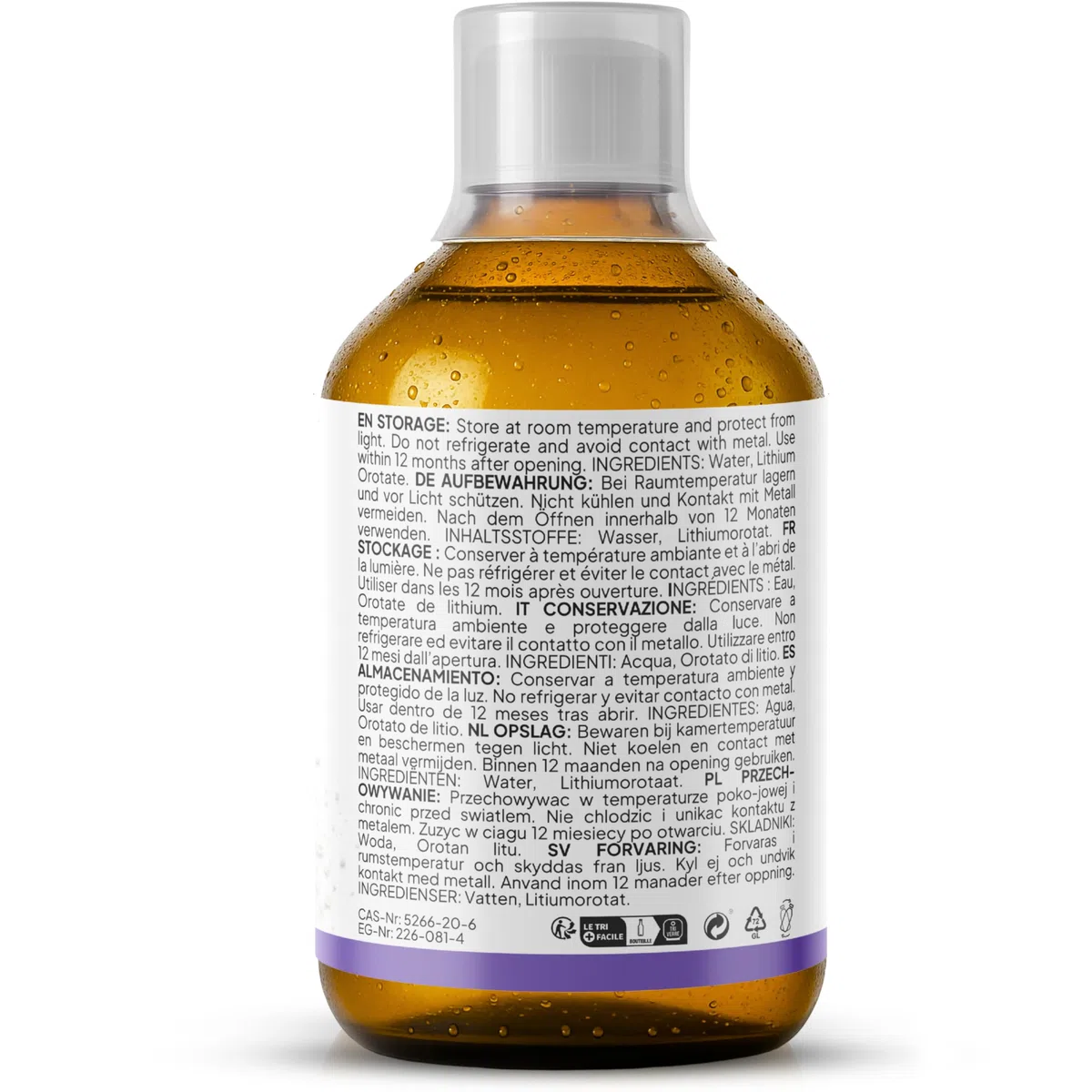 Lithium Orotate >99% 500 PPM 500 ml | ml contiene 0.5 mg de litio elemental = 500 PPM | incl. vaso dosificador de 30 ml, jeringa dosificadora de 5 ml, pipeta de 3 ml & folleto informativo