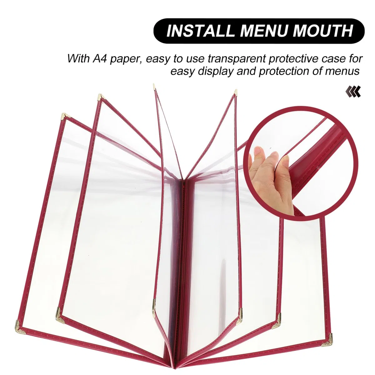 Amosfun Funda para Menú de Pvc Rojo A4 6 Páginas Transparentes, Cubierta Protectora Flexible E Irrompible para Restaurantes, Cafeterías y Bares, Soporte para Lista de Precios Insertada