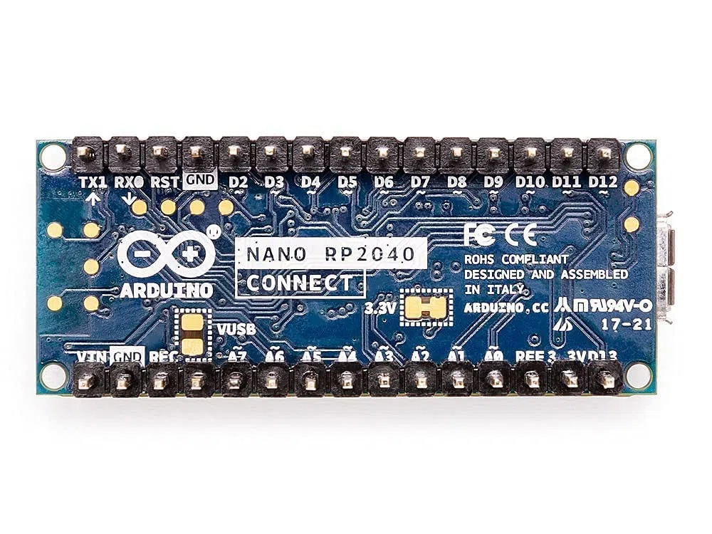 Arduino Nano RP2040 Connect with Headers [ABX00053] Microcontrolador de Doble núcleo con Wi-Fi, Bluetooth 5.0, sensores 3D y Conectores de Pines completos para proyectos de IoT y Edge Computing
