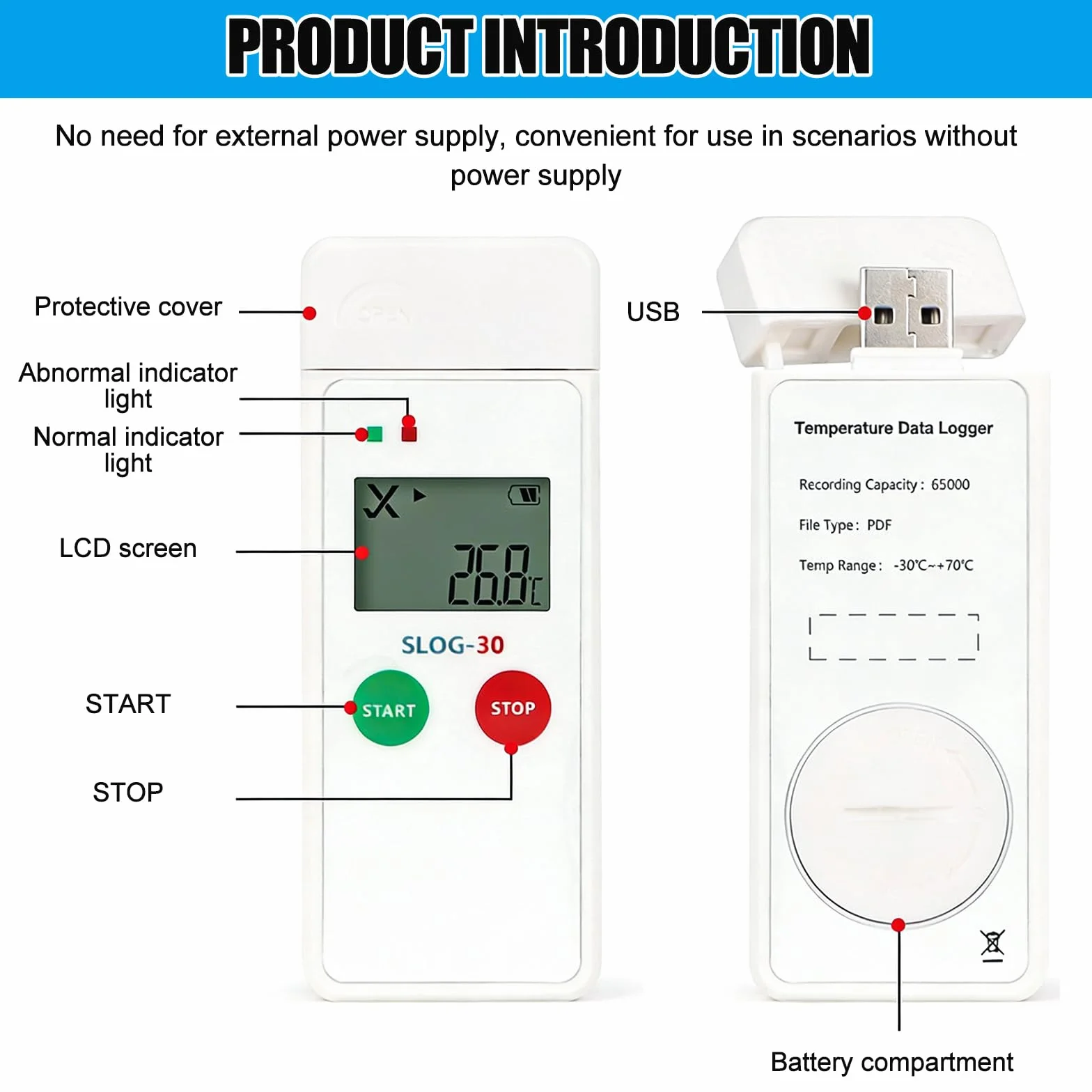 Registrador de datos de temperatura: grabador de temperatura reutilizable con pantalla LCD grande, termómetro registrador con informes PDF, grabadora de temperatura digital USB, 65000 puntos, alta