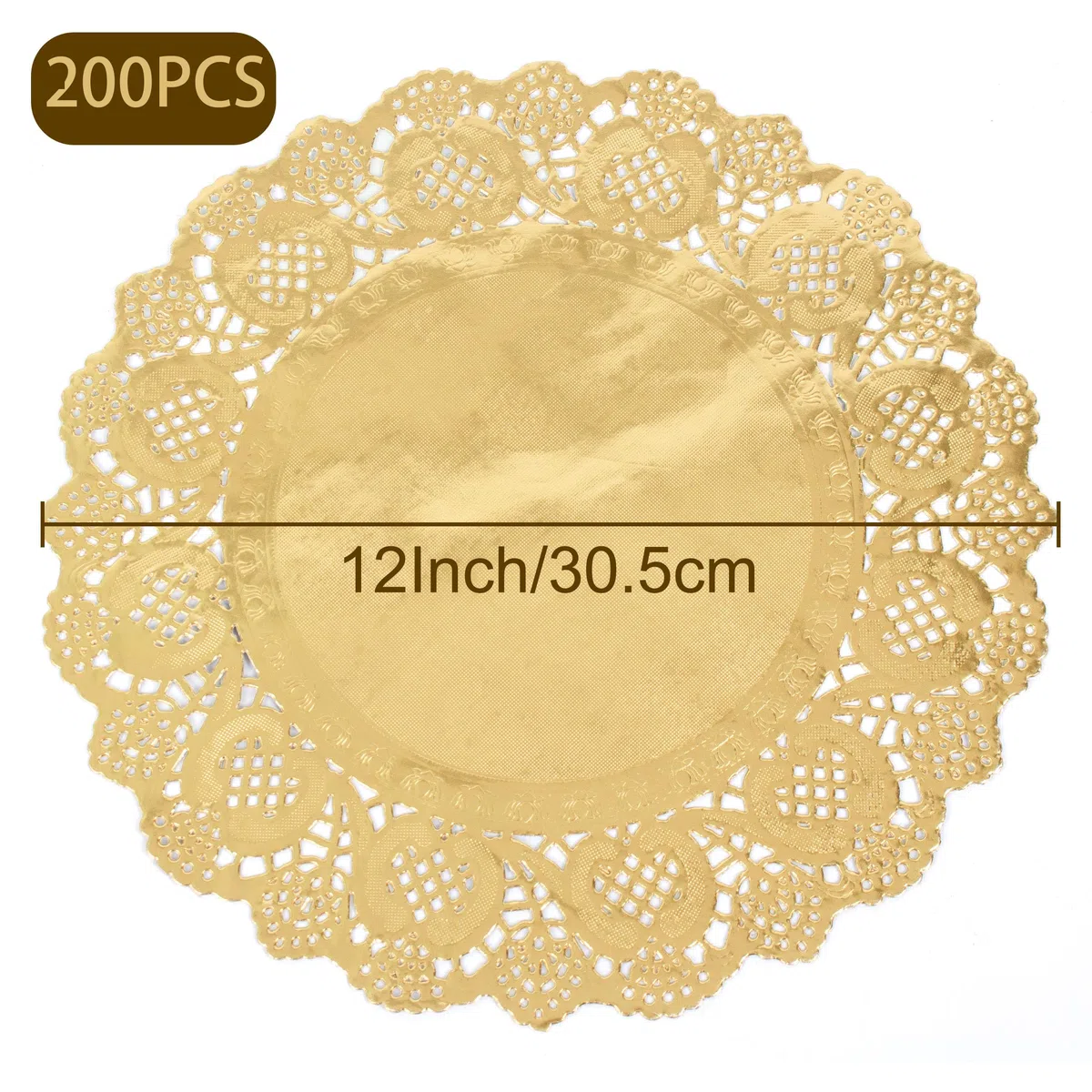 ANTETOK Doyley - Manteles individuales desechables de papel de encaje de 12 pulgadas, 200 unidades, elegantes tapetes de papel de encaje para fiestas, pasteles y manualidades, color dorado