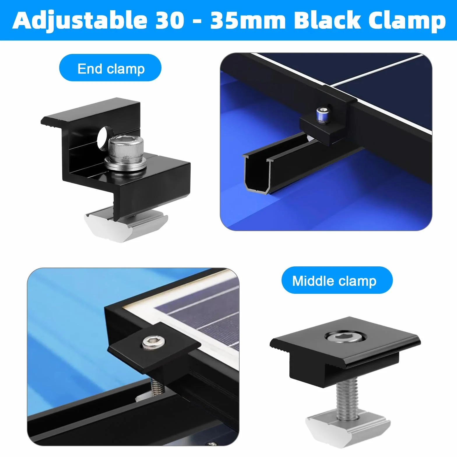 Soporte para módulo solar para 2 módulos, rieles de perfil de aluminio de 12 cm + abrazadera ajustable para módulos de 30-35 mm de grosor, kit de montaje de panel solar para techo plano de chapa