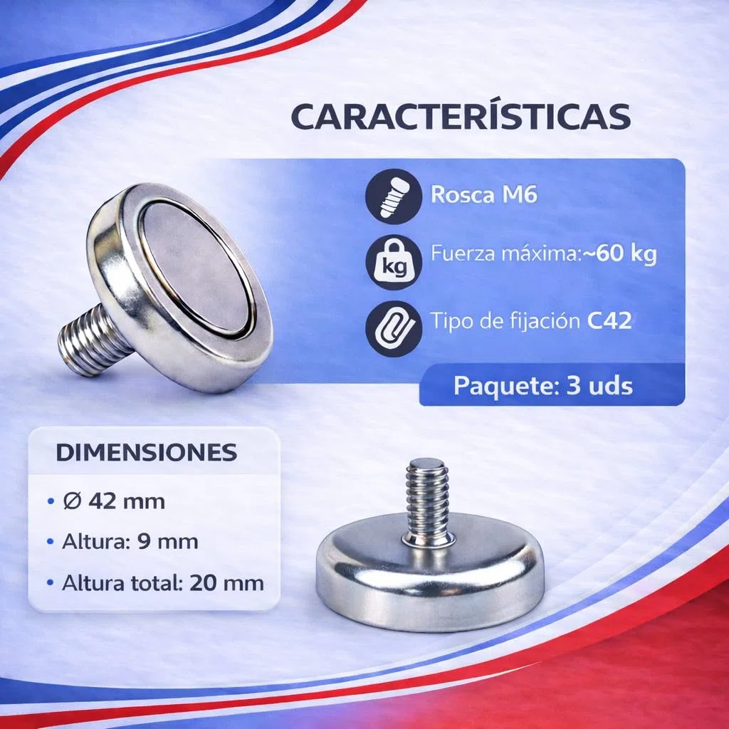 Soporte Magnético Alizones C42 con Rosca para Tuerca M8 | Con Arandela y Tuerca, Fuerza de Sujeción 60 kg - Paquete de 3 Unidades