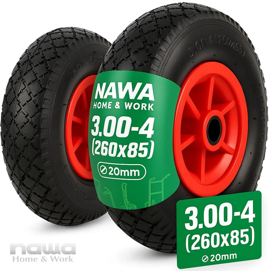 Ruedas Carretilla Inflables 3.00-4 (260x85 mm) - para Carretilla, Carro, Carretón. Rueda Completa: Neumático + Cámara de Aire con Válvula Acodada + Llanta de PVC Roja con Rodamientos de Rodillos.