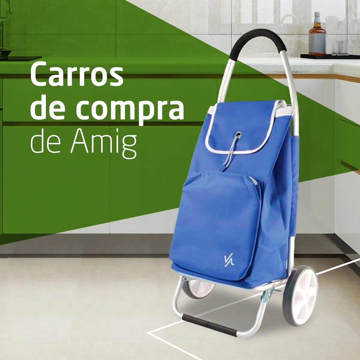 Amig - Carro de la Compra de 2 Ruedas - Bolsa Ajustable - Aluminio Ligero - Carga Máxima 15kg - Capacidad de 50 L - Medidas: 95 x 45,5 x 12 cm - Color: Azul