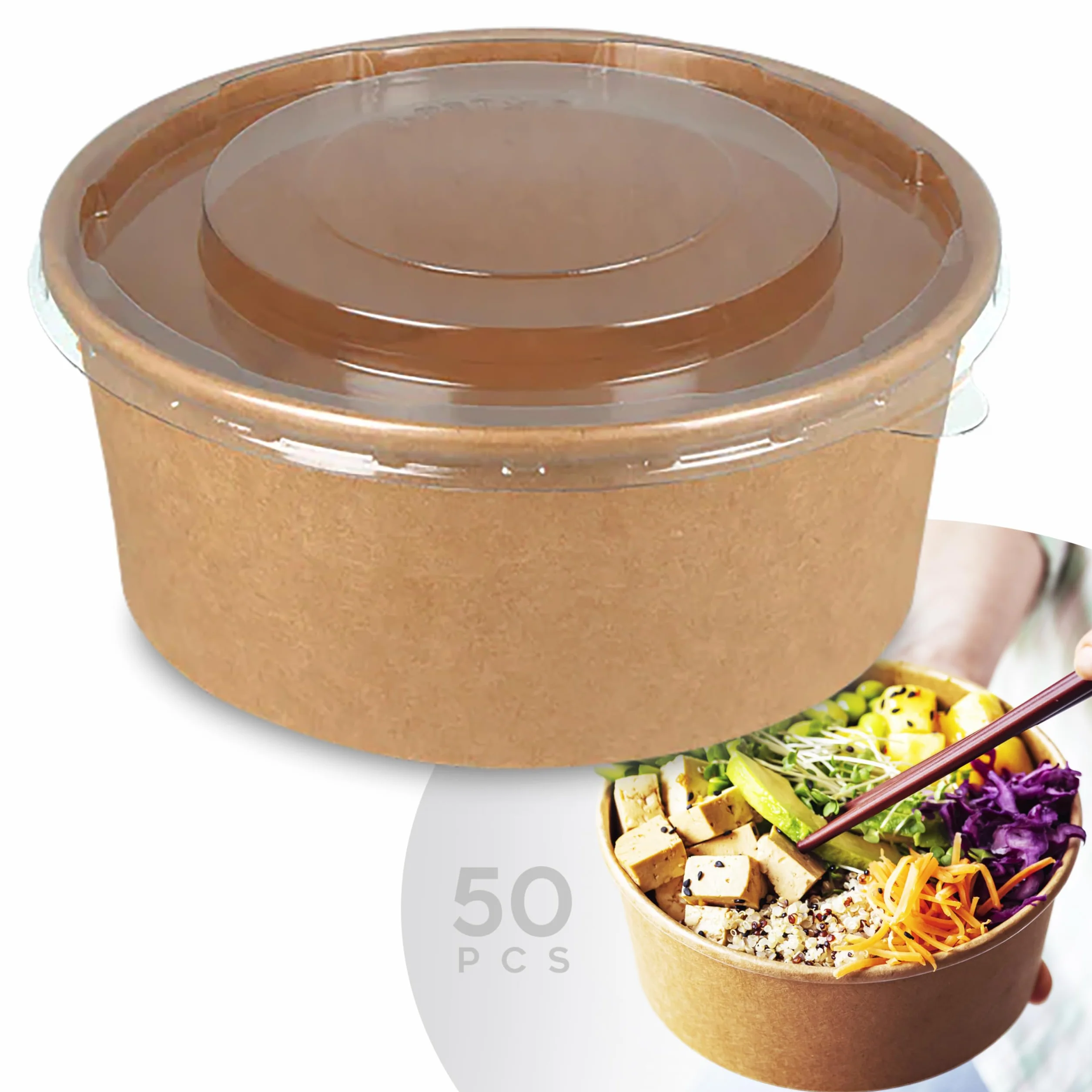 50 cuencos de papel de 1000 ml con tapa, recipiente contenedor de cartón ecológico compostable biodegradable para llevar comida comida comida poke desechable diám. 14,8 cm