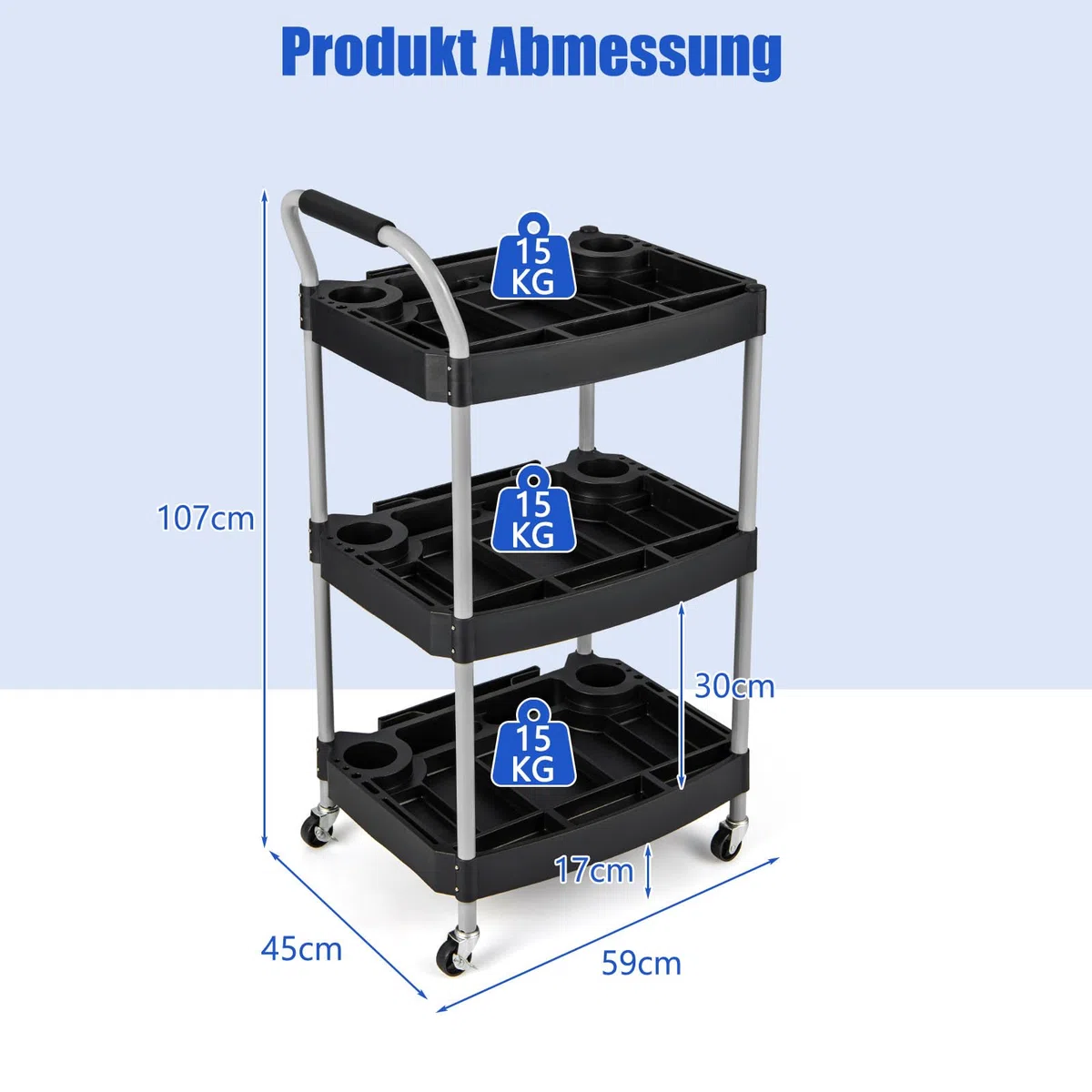 GYMAX Carro de Herramientas de 3 Niveles, Móvil con Asa, Ranura de Almacenamiento, Ruedas Universales, Organizador Resistente para Garaje, Barbería, Salón de Belleza, Taller