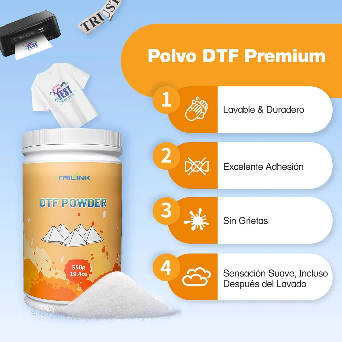 TRILINK Polvo DTF para Sublimación 550g – Polvo de Transferencia DTF Adhesivo a Fusión Caliente para Todas las Impresoras DTF para Impresión Digital en Camisetas Textiles
