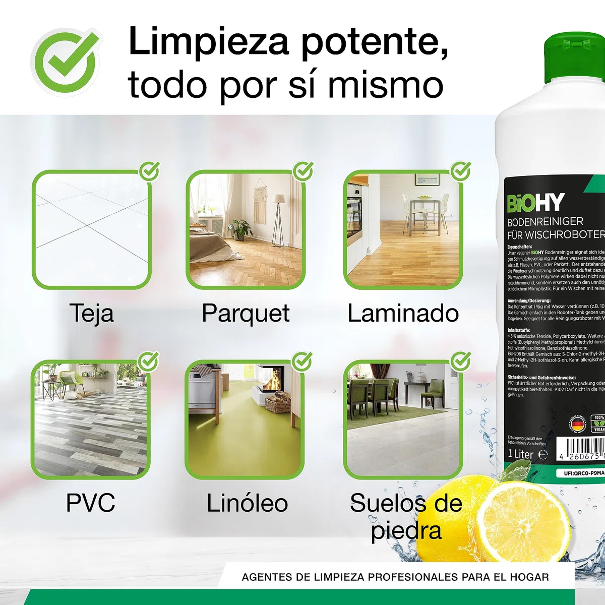 BiOHY Limpiador pisos para robots limpiadores (1 botella de 1 litro) | Concentrado para todos robot aspirador con función húmeda - sostenible y ecológico (Wischroboter)