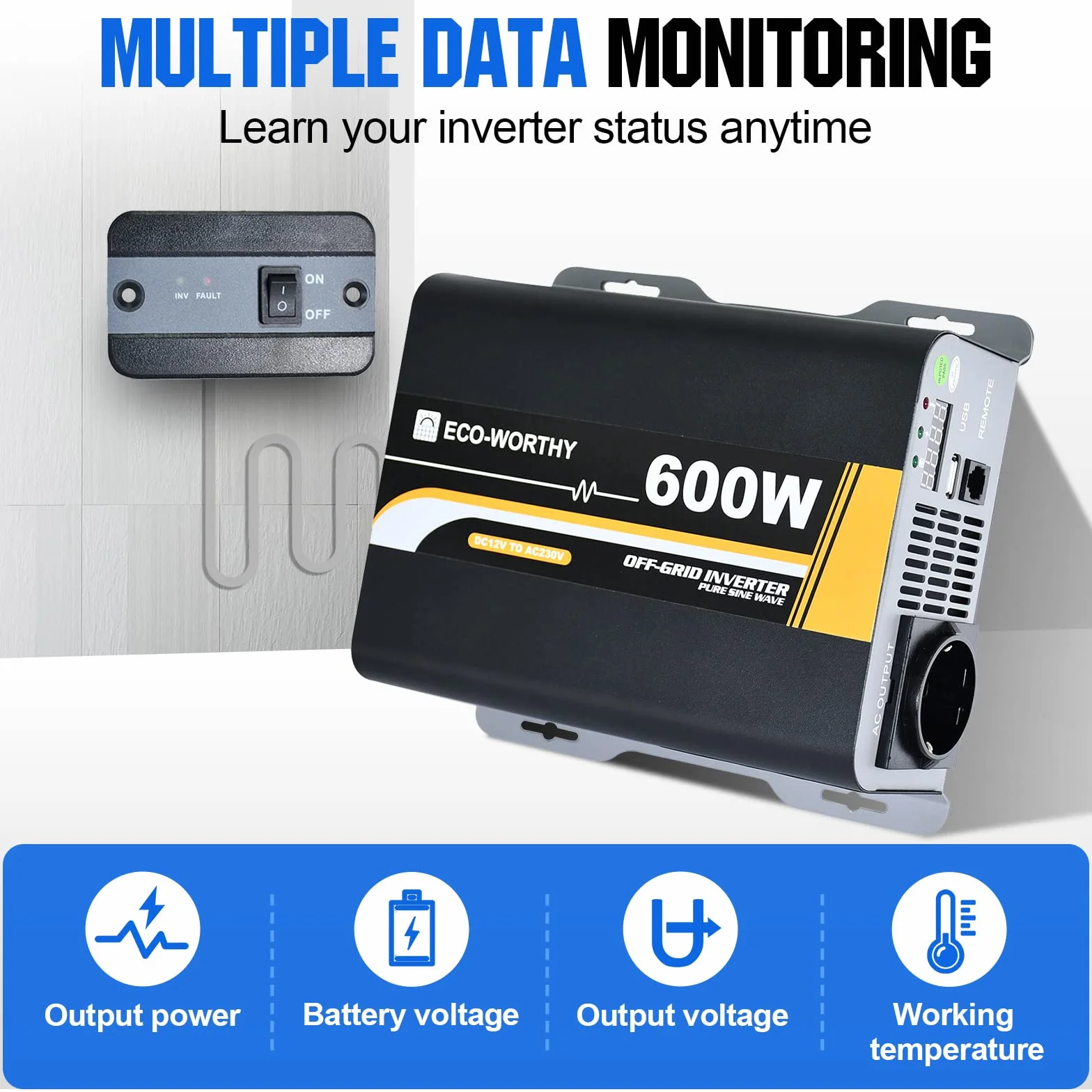 ECO-WORTHY - Inversor Solar de 600 W, Onda para Coches, autocaravanas, caravanas, Camping y Sistema Solar