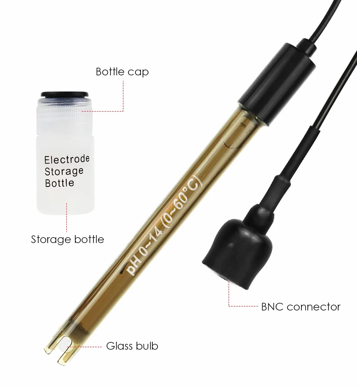 GAIN EXPRESS Electrodo de pH Combinado de Alta precisión para monitoreo Continuo del pH, sonda de pH 0-14 con Cable de Conector BNC de 200 cm de Largo y Kit de reemplazo de Polvo de calibración