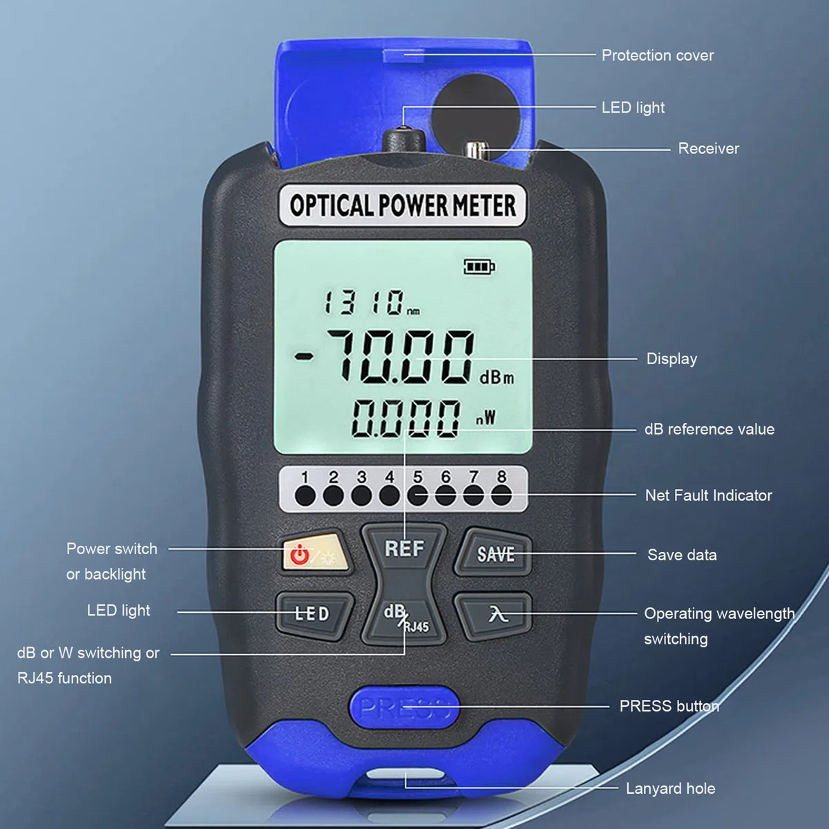 Medidor De Potencia óptica, 3 En 1 Probador De Fibra óptica Recargable Probador De Cable De Fibra ópticas Con Prueba De RJ45 Y Luz Led, -70~+10dbm 850-1700nm Optical Power Meter Con FC/LC/ST Interfaz