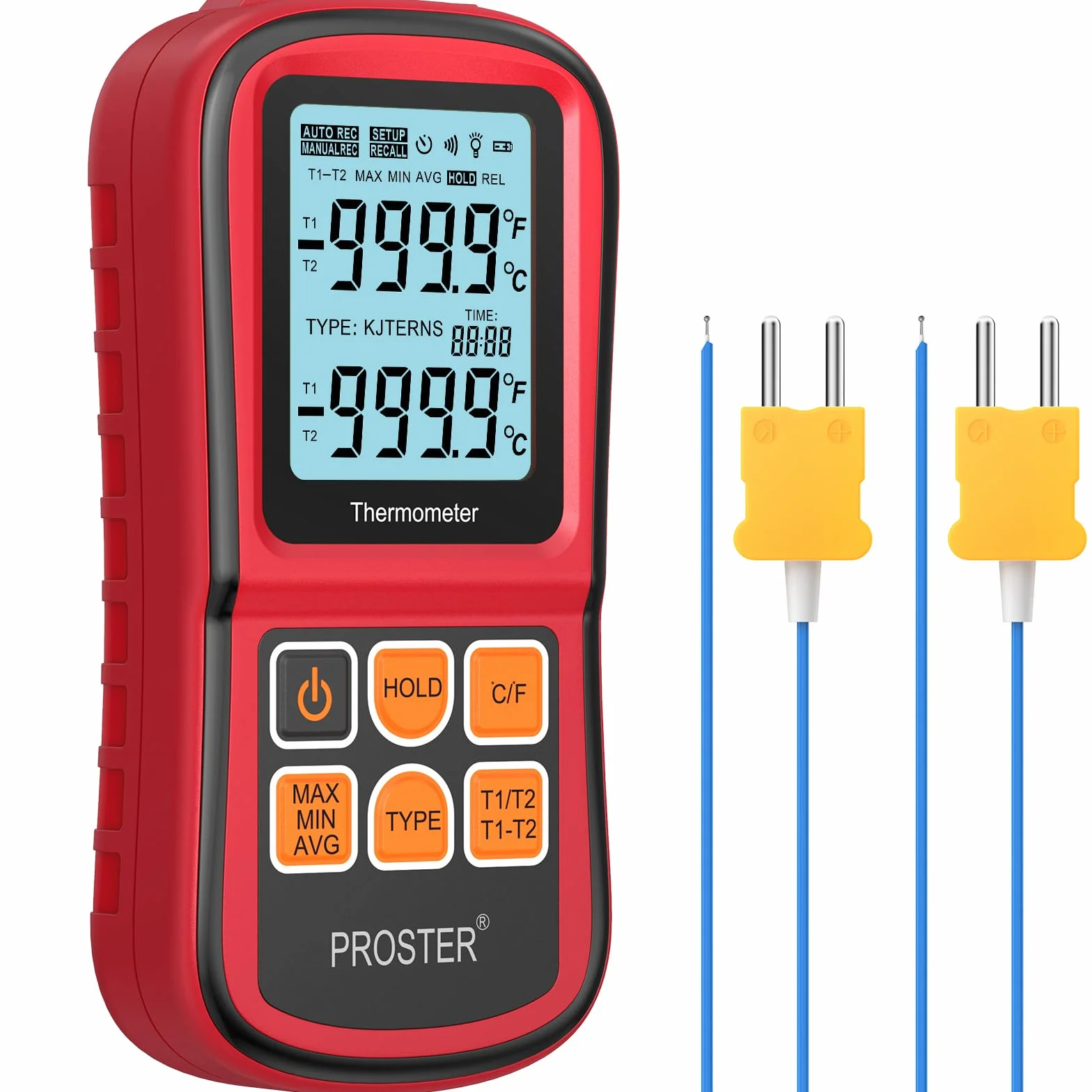 Proster Termómetro Digital de Doble Canal con Dos termómetros de Temperatura Tipo K con retroiluminación LCD para termopar K/J/T/E/R/S/N