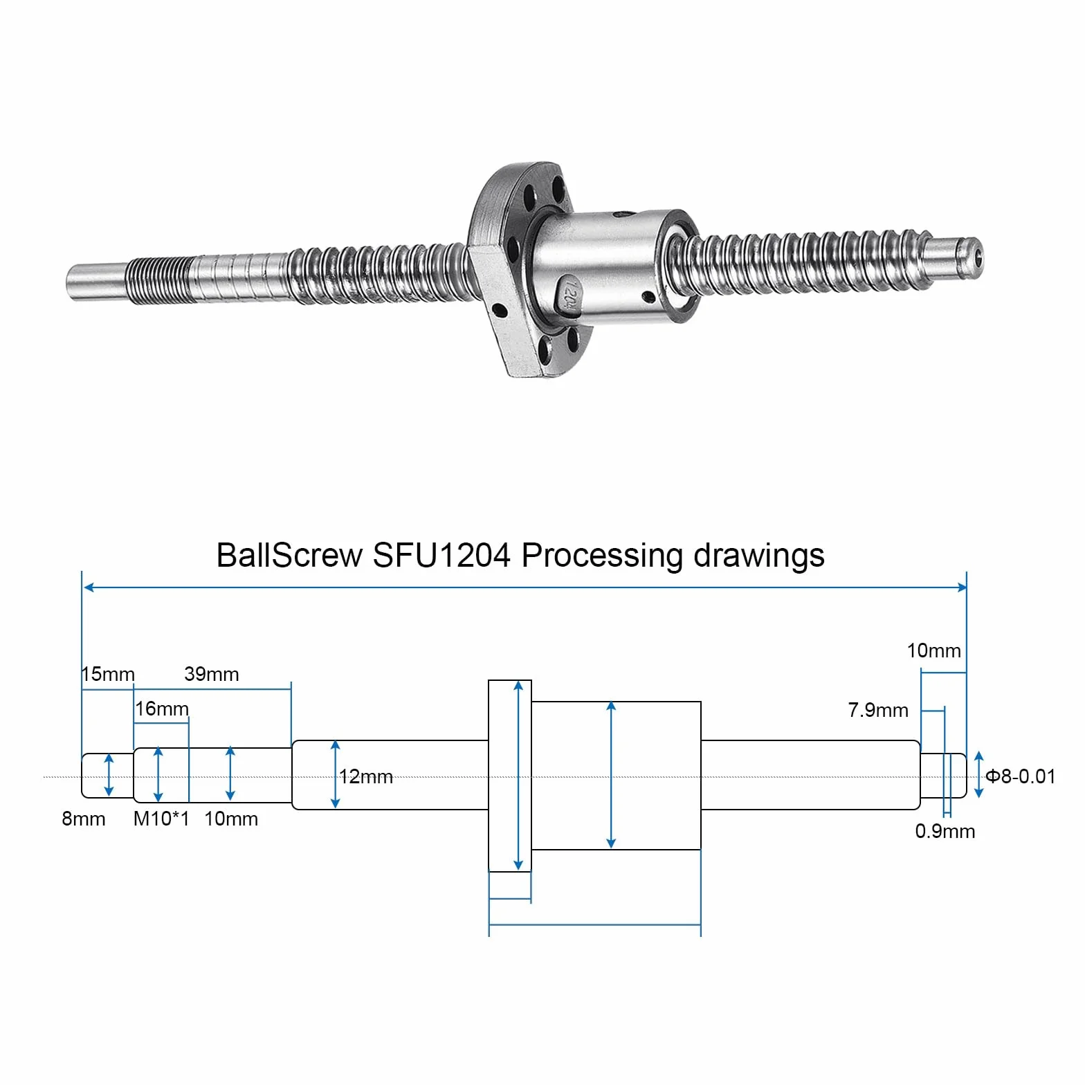 QUARKZMAN Husillo de bolas SFU1204 (Diámetro 12mm, Paso 4mm, Longitud 200mm) con Tuerca de Husillo de Bolas Kit de Husillo de Bolas Anti Juego para Mecanizado de Extremo Estándar