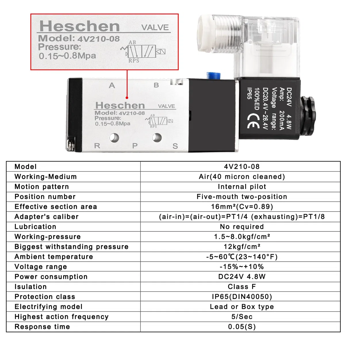 Heschen Válvula solenoide neumática eléctrica doble 4V210-08 DC 24V PT1/4 5 vías 2 posiciones silenciador base de colector juego de accesorios rápidos