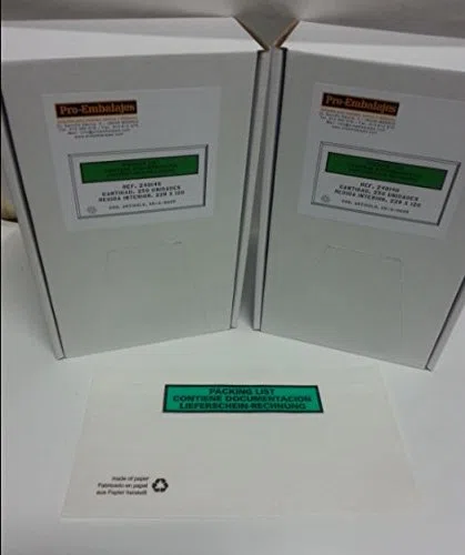 250 Sobres portadocumentos PAPER GREEN/CONTIENE DOCUMENTACION "PACKING LIST" - Ref. 240140/250 - Tamaño interior: 228x120 mm.