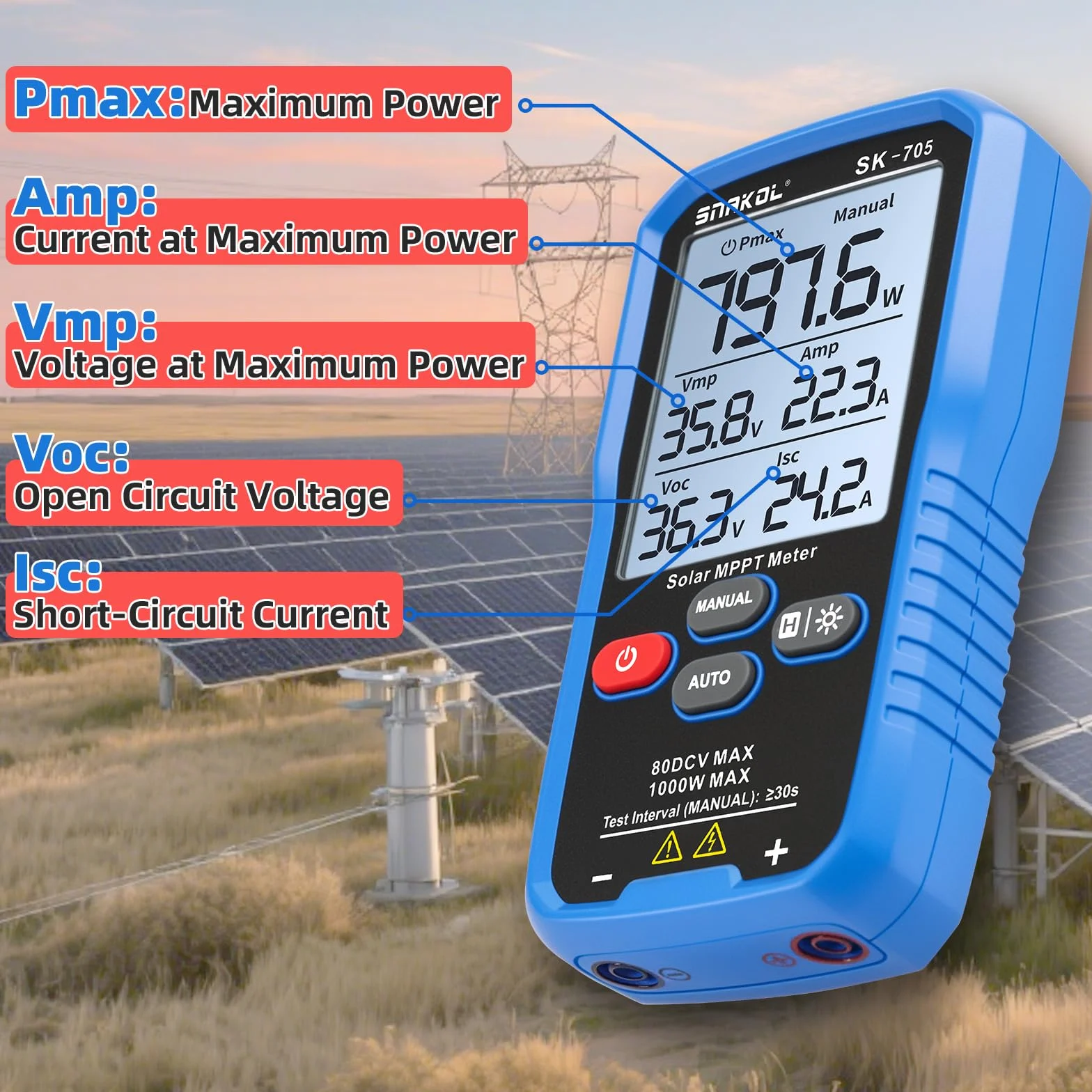 SK-705 Probador MPPT Solar para Módulos Fotovoltaicos – 1000 W, Máx. 80 V DC, 35 A, Medición Automática y Manual de Potencia, Voc Isc Vmp Pmax, Pantalla LCD de 3,2", Tester FV Portátil