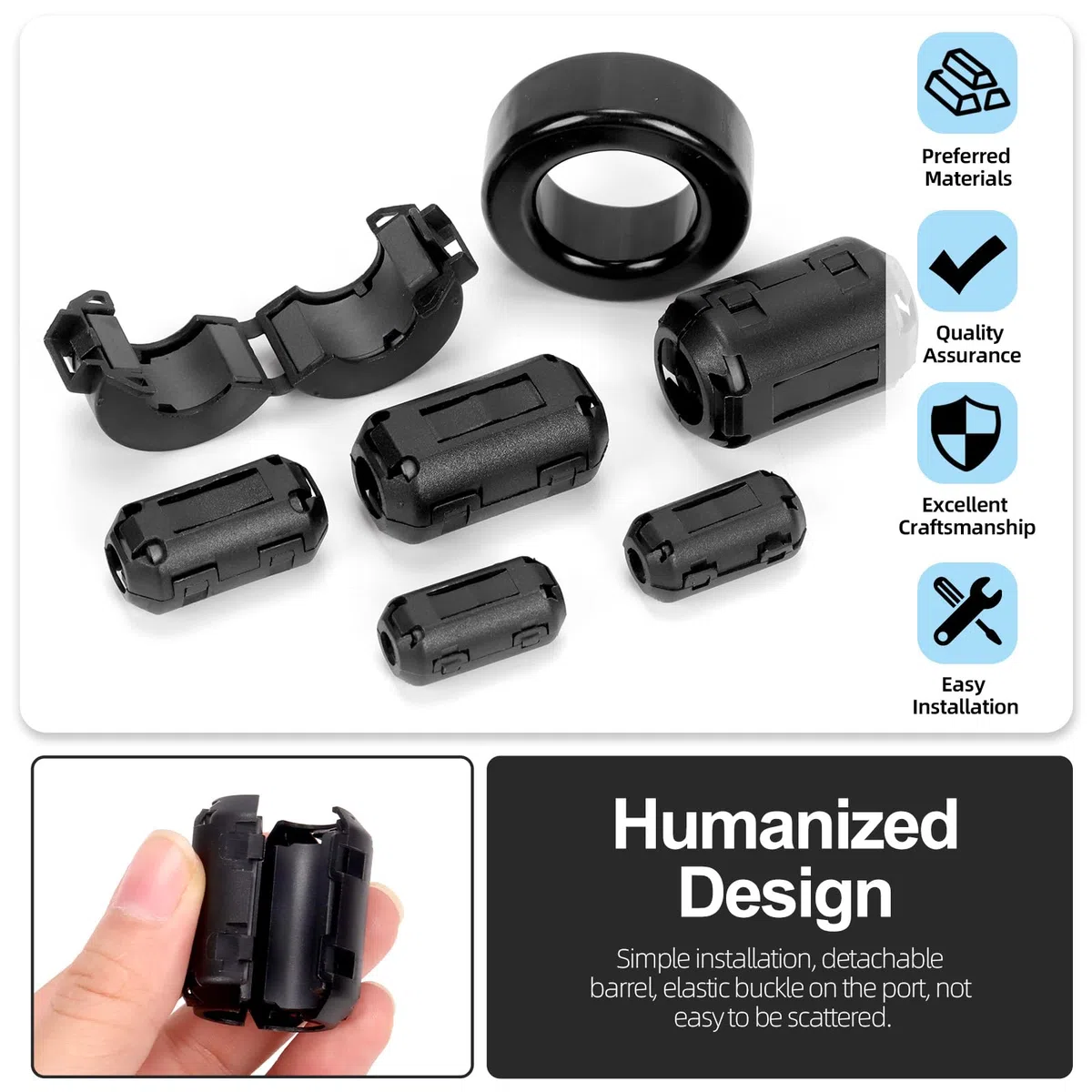 Glarks 32pcs Black Clip-on Ferrite Ring Core Set Incluye 28pcs 3.5/5/7/9/13MM Clips de cable de diámetro interno Clips de cable de supresor de ruido RFI EMI 2pcs Toroid Cores 2pcs Ferrite Cores