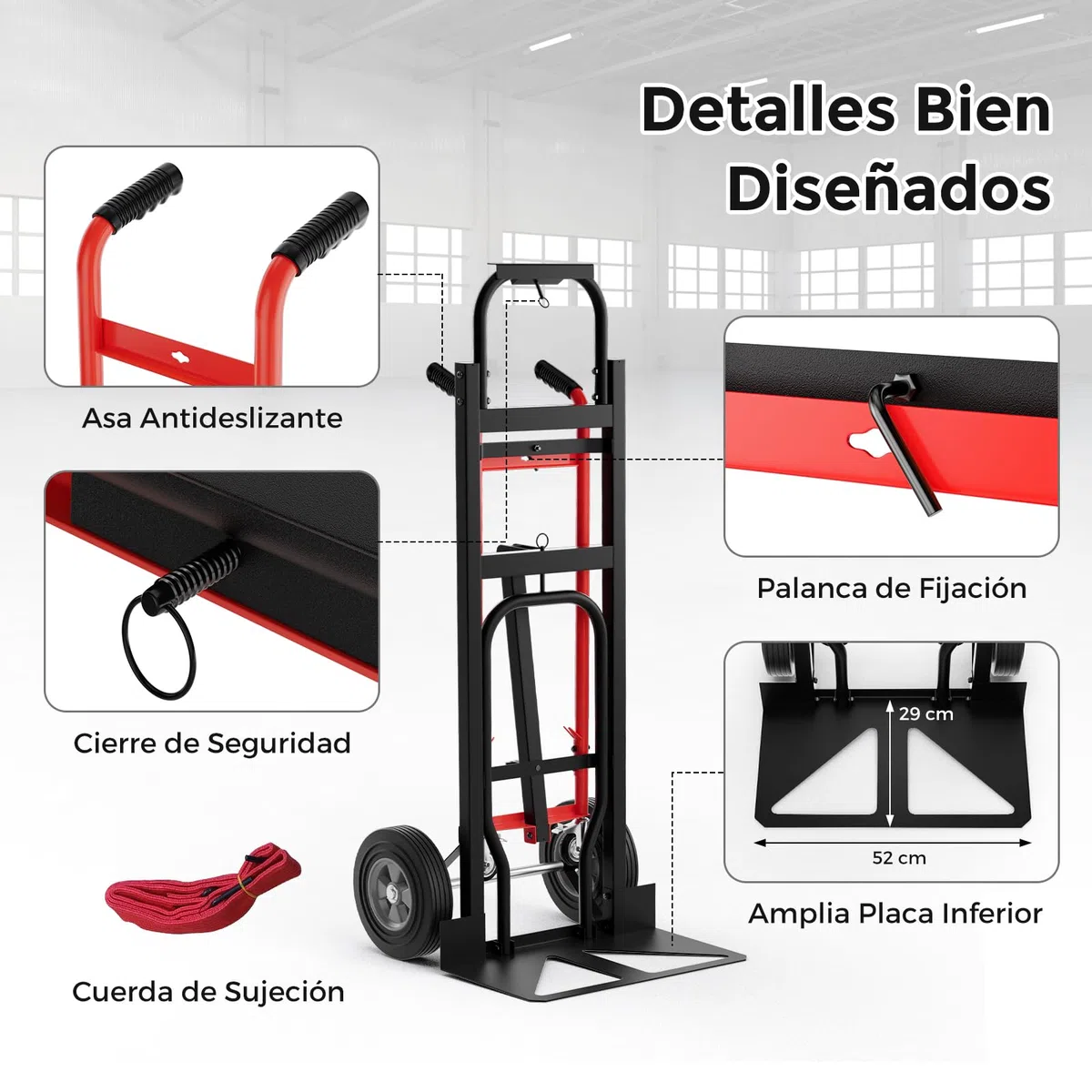 GYMAX Carretilla de Mano Plegable 3 en 1, Metal Resistente con Ruedas Universales, Mango de Goma, Capacidad de 450 kg, Carretilla de Mano para Almacén, Garaje, Fábrica, Supermercado (Rojo)