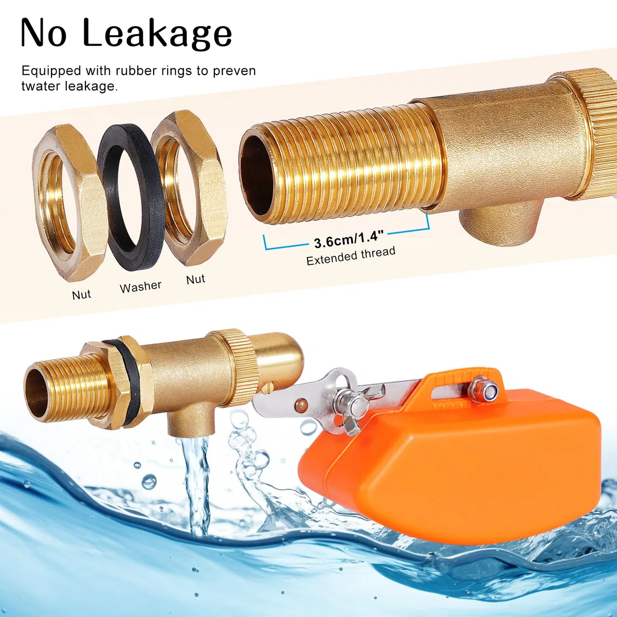 Válvula de flotador de latón de 1/2 pulgadas, válvula de flotador automática para tanque de agua, piscina, bebedero, flotador naranja de plástico, interruptor de flotador (1/2 pulgadas)