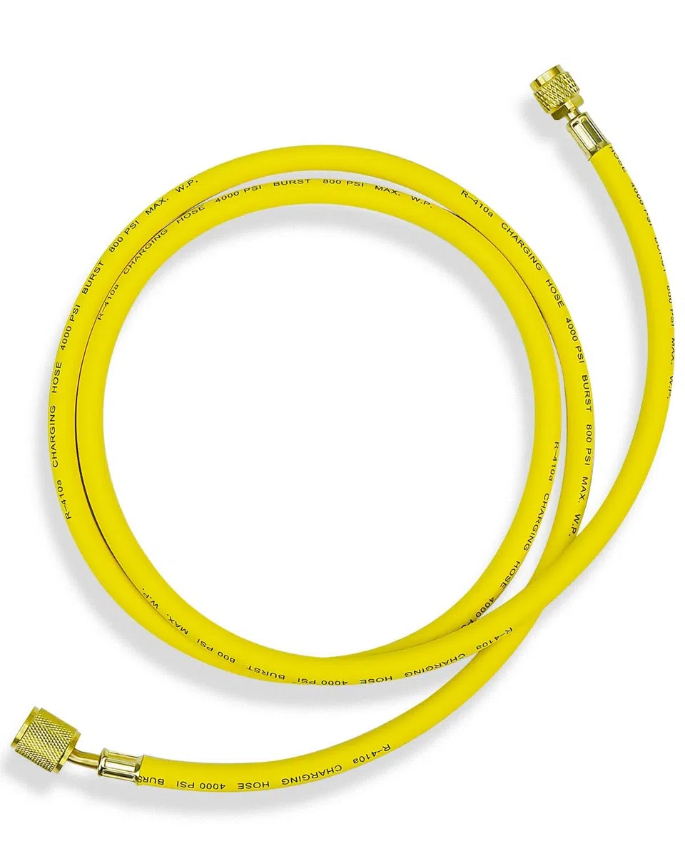 Manguera de carga de refrigerante de 3/8 pulgadas, manguera de carga HVAC certificada por vacío de 3/8 pulgadas FL a 1/4 pulgadas, amarilla 6 pies, presión de trabajo de 800 PSI, para sistemas R410A y