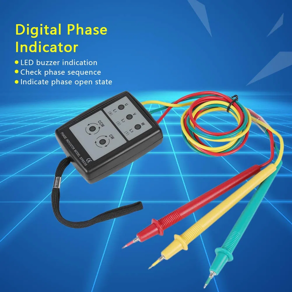 Indicador de Fases,Indicador de Rotación de Fases Digital Led,Probador de Rotación de Fases,SP8030 Medidor de Secuencia con Pinzas de Cocodrilo,200 V-480V Diseño Portátil