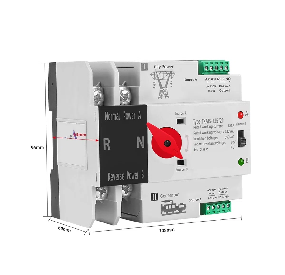 Interruptor de transferencia automática, Interruptor de transferencia automático monofásico carril DIN ATS 220 V, doble potencia, 2 polos, 63 A, 100 A y 125 A(63a)