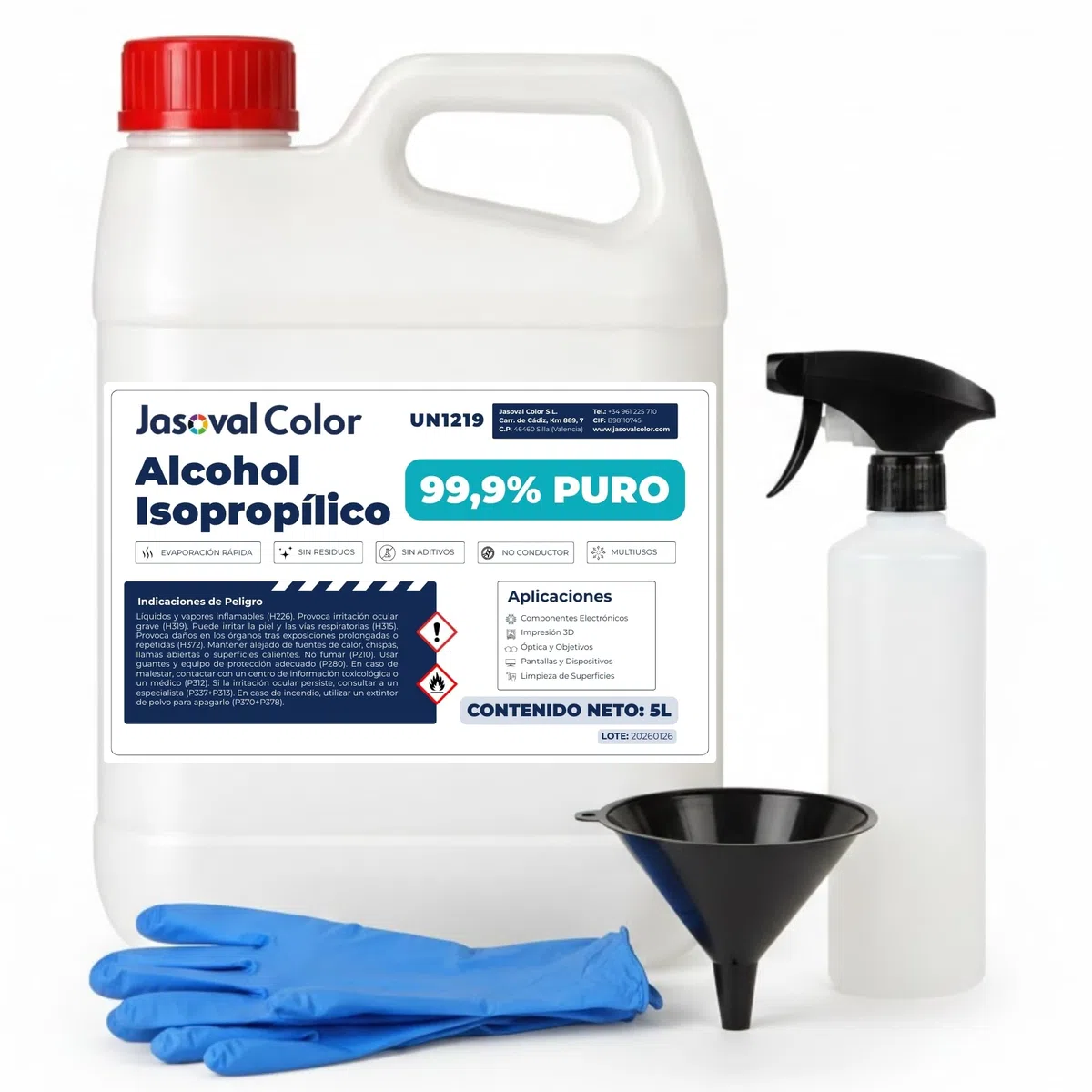 Alcohol Isopropílico 99,9% 5L de Alta Pureza - Kit con Spray, Embudo y Guantes para Limpiar Componentes Electrónicos, Impresión 3D, Pantallas y Superficies - Isopropyl Alcohol