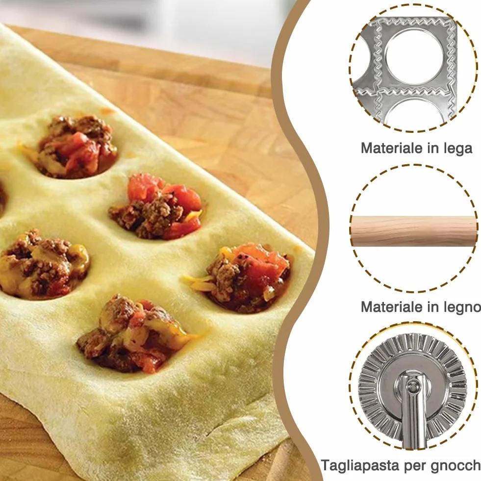 Ravioli - Juego de prensa para raviolis (4 piezas, acero inoxidable, con cortador redondo y cuadrado de 40 mm (12 orificios), incluye rodillo, espacio de llenado generoso para raviolis frescos y