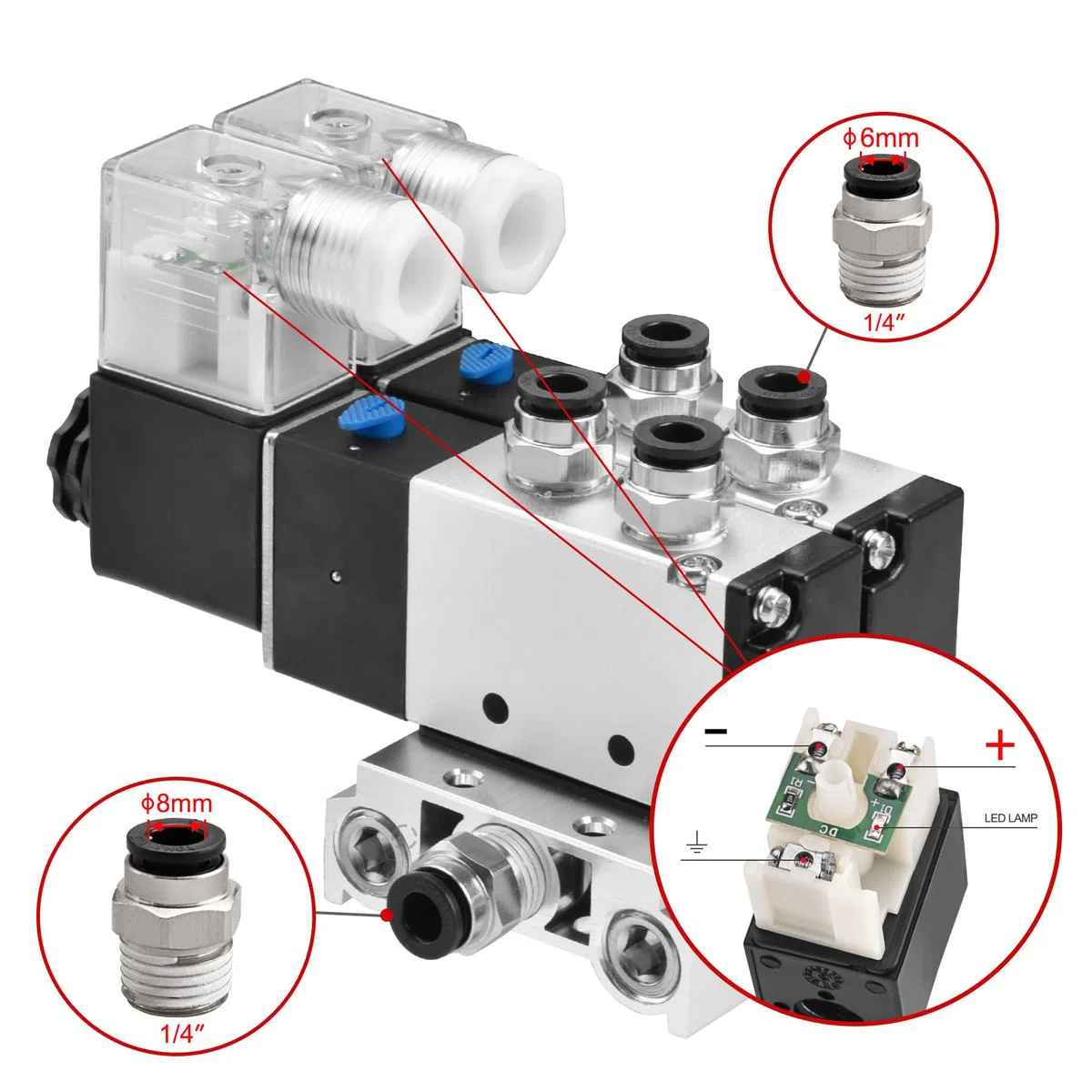Heschen Válvula solenoide neumática eléctrica doble 4V210-08 DC 24V PT1/4 5 vías 2 posiciones silenciador base de colector juego de accesorios rápidos