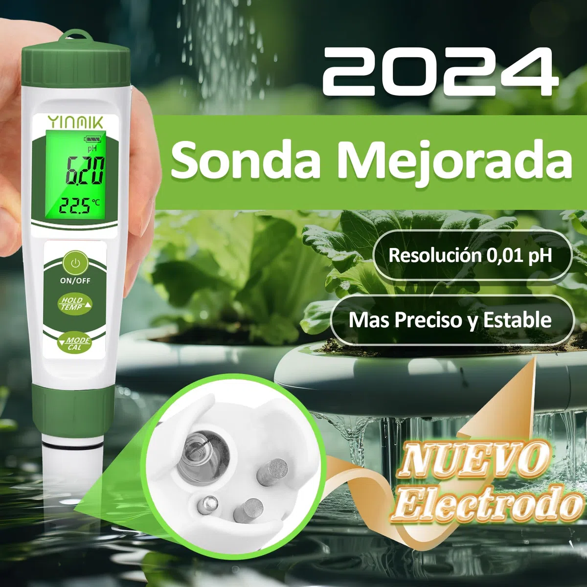 Medidor de pH, Medidor EC para Cultivo y Hidroponía, YINMIK Medidor de TDS para Nutrientes, Medir pH PPM Conductividad de Hidropónico, Medidor de pH TDS EC Temperatura para Agua, Acuario, Piscina