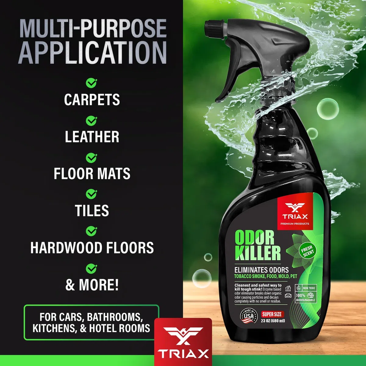 TRIAX Eliminador de olores avanzado, a base de enzimas, aroma fresco, no tóxico y 100% biodegradable, uso multisuperficie para alfombras, telas, superficies duras y más