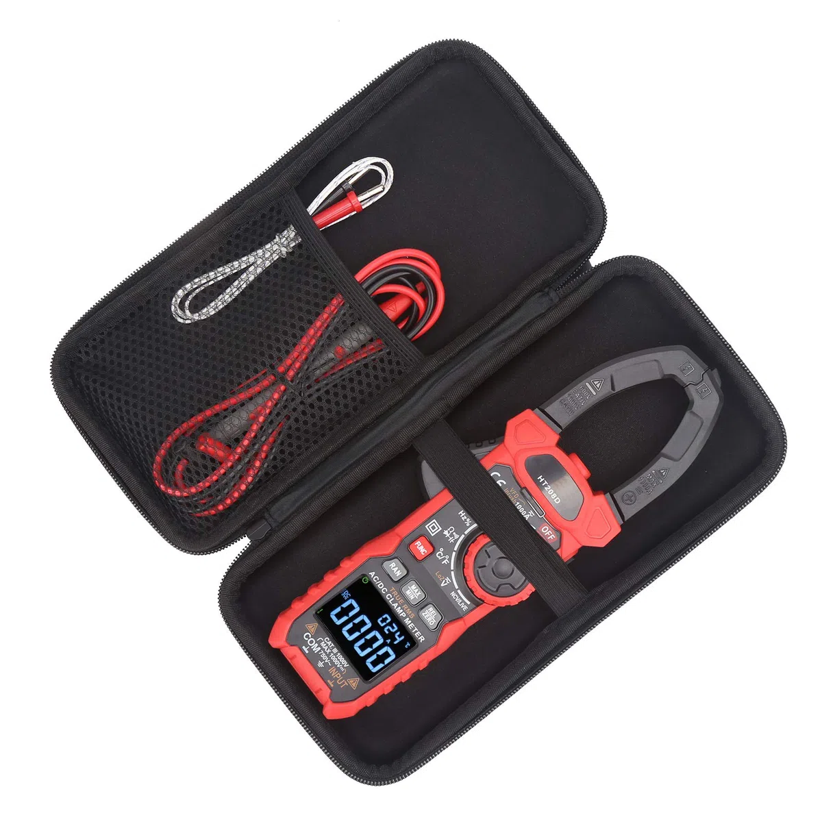 Pinza amperimétrica digital HT208D para medir voltaje y corriente CA/CC (NCV) con 6000 cuentas: diseño portátil para mediciones eléctricas y pruebas domésticas.