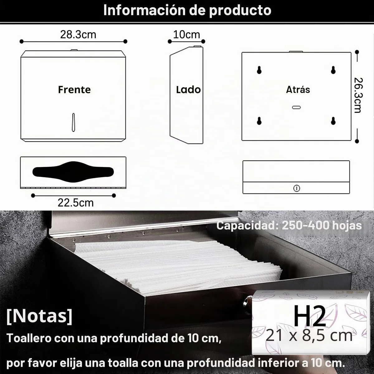 NICEME Dispensador de Toallas de Papel, Acero Inoxidable, Dispensador de Toallas con Cerradura, Dispensador de Toallas de Papel Z Plegable，Acomodar 250-400 Hojas