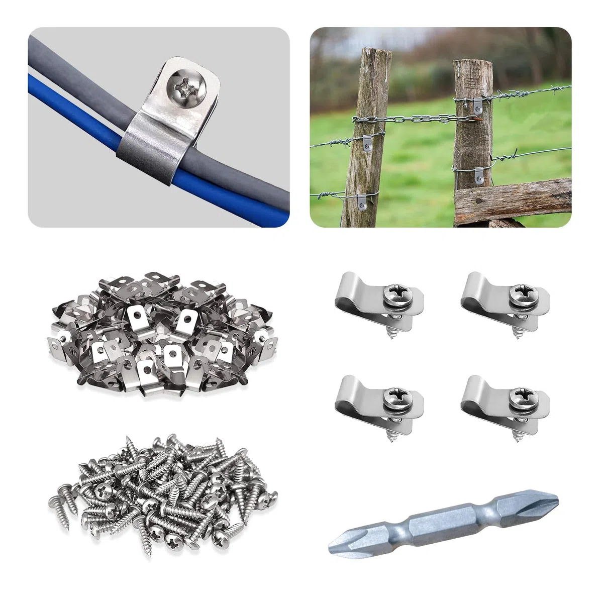 Pinzas de alambre para valla agrícola clips de fijación abrazaderas de cable de metal abrazaderas de alambre de acero inoxidable con tornillos para alambre soldado a madera (200)