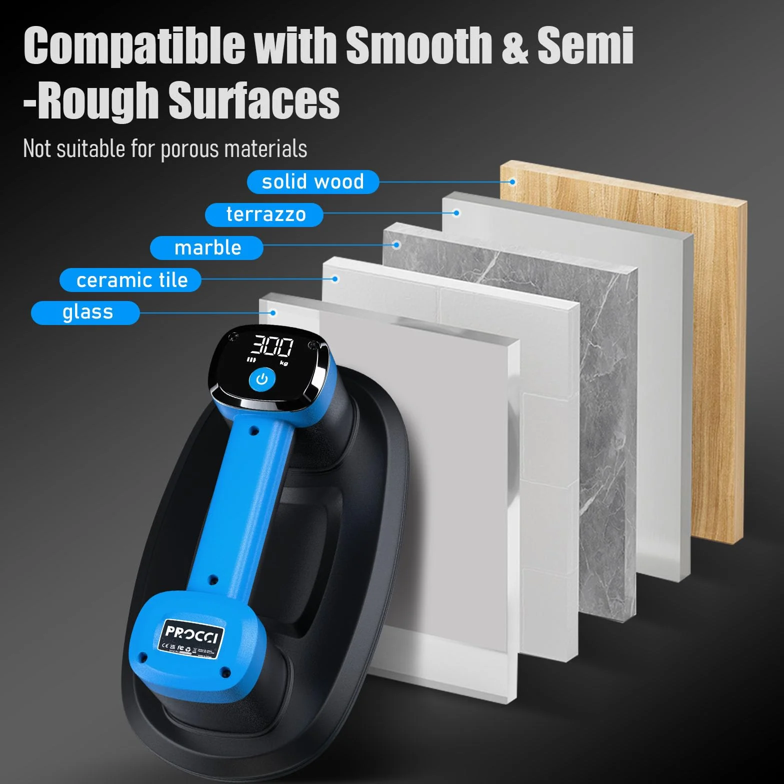 Ventosa Eléctrica para Azulejos, Vidrio, Mármol – 2 Motores Potentes, 300KG de Succión Fuerte, Pantalla LCD, Batería 4500mAh, 12h de Autonomía, 26cm, Ideal para Superficies Lisas y Rugosas