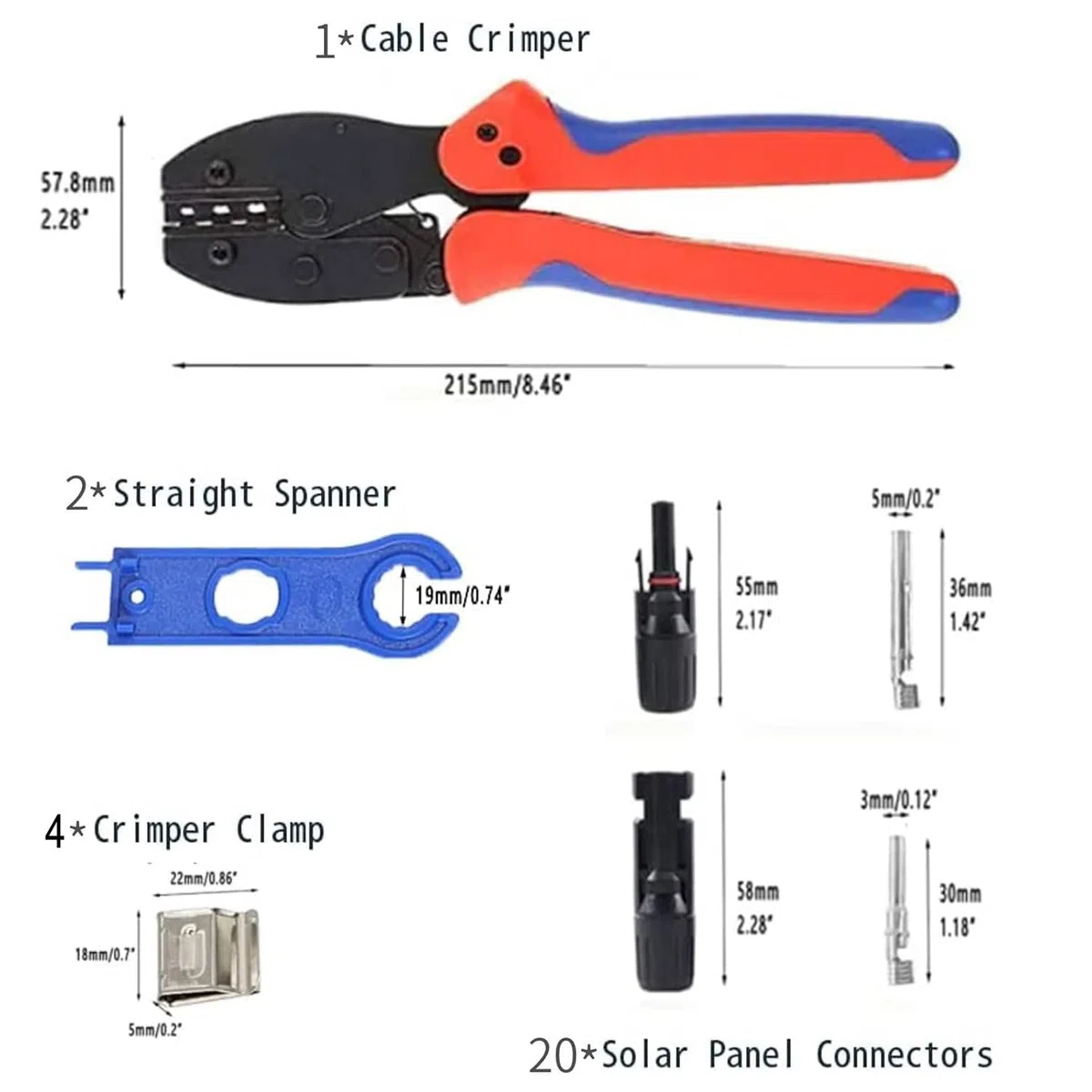 Kit Crimpadora Solar para 26-10AWG Conectores de Cable de Panel Solar,1PCS Herramienta de Crimpado Solar PV, 20 Pares Macho Hembra Solar Panel Cable conectores, 2PCS Herramientas de llave