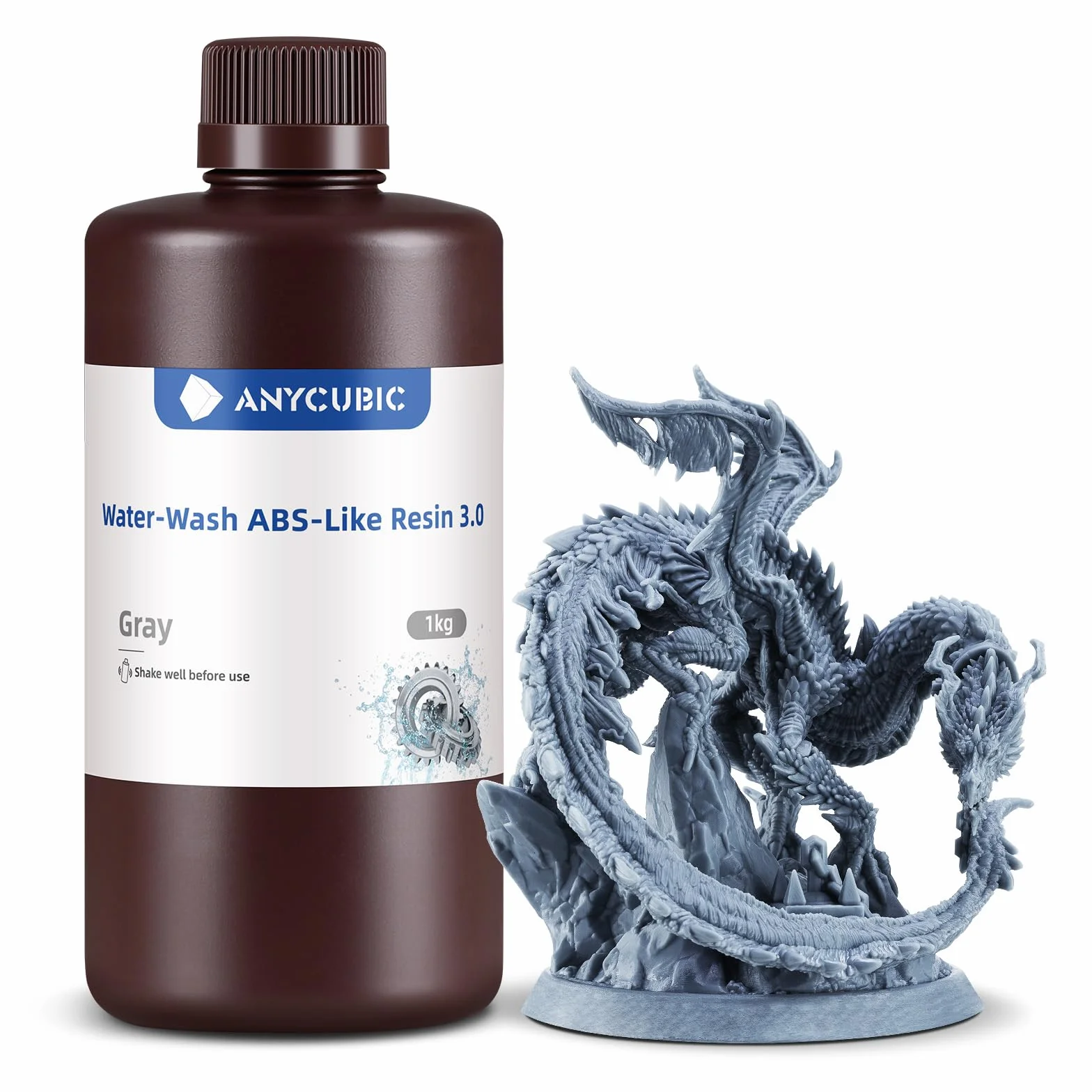 ANYCUBIC Water-Wash ABS-Like 3.0 Resina 3D, Resina Impresoras 3D lavable con Agua, Alta Resistencia y Precisión, Baja Tasa de Contracción, Compatible con Todas las Impresoras 3D Resina LCD(Gris, 1kg)