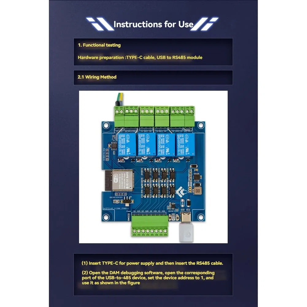 Módulo de Relé ESP32 Modbus de 4 Canales, 9-24 V, Tipo C, con RS485, Wifi, Bluetooth y Compatible con Modbus.