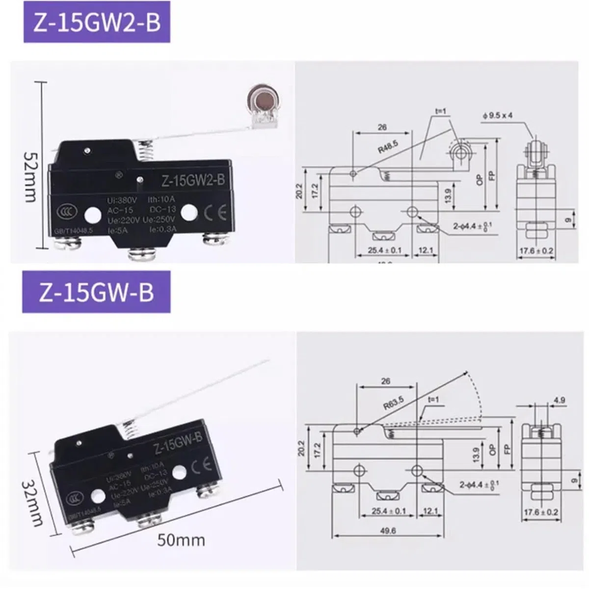 Microinterruptor de límite de recorrido Z-15GQ-B Z-15GW22-B (1 unidad)(Z-15GQ22-B)