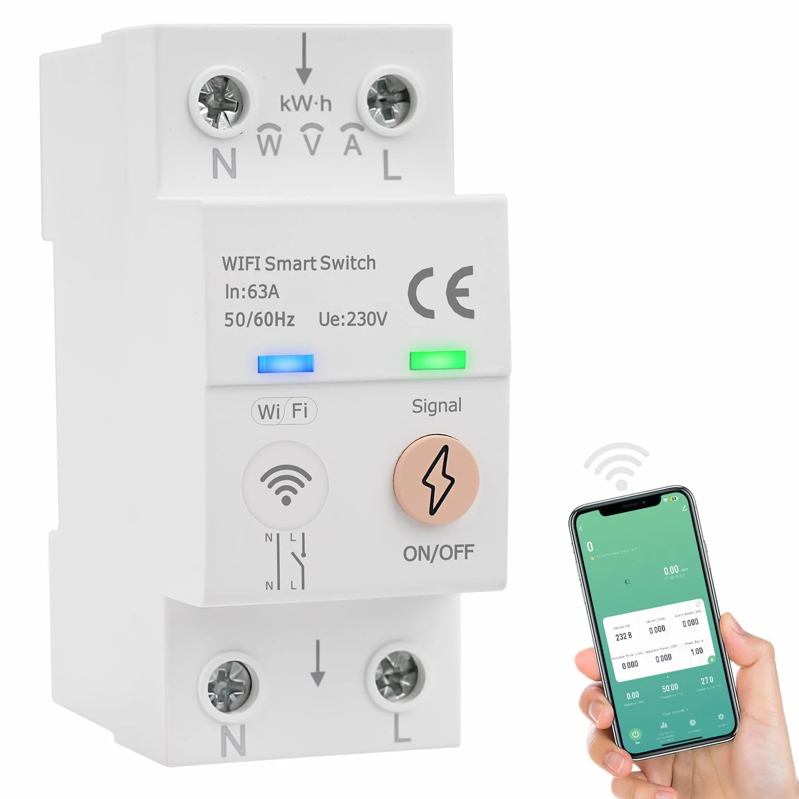 Disyuntor Inteligente WiFi Tuya Smart life APP Mando a Distancia Interruptor Inteligente 63A 80-300VAC Interruptor WiFi Control por voz medición de energía, temporizador (Versión en inglés)