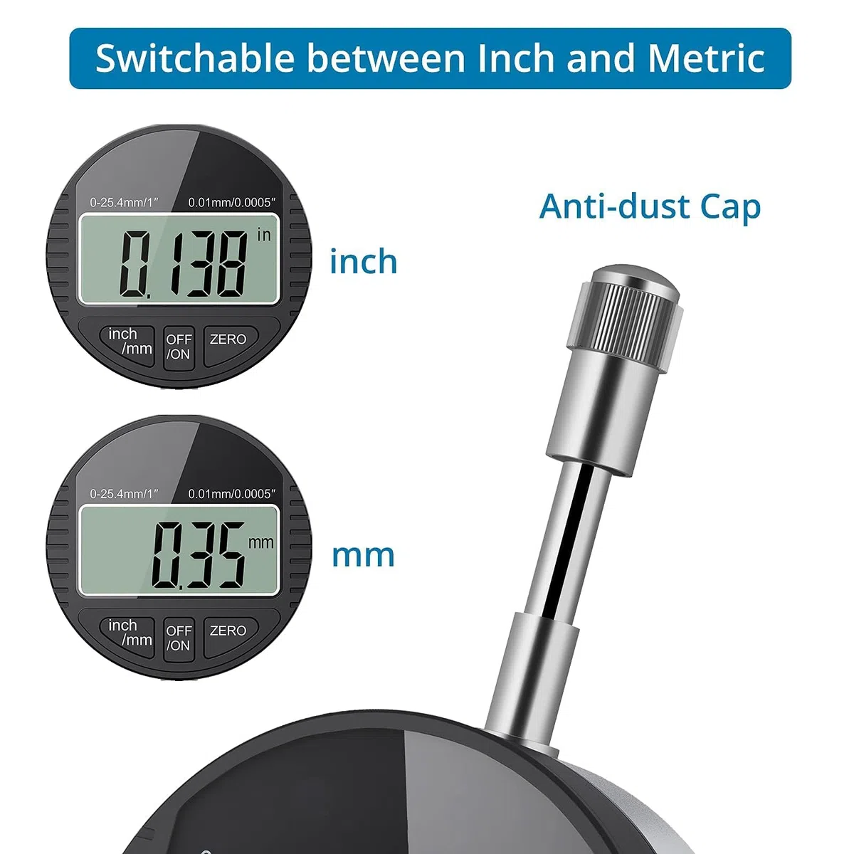 AUTOUTLET Indicador digital DTI Indicador de cuadrante digital DTI 0.01/0.0005 '' Indicador de sonda digital 0-25.4mm / 1 '' Relojes comparadores Indicadores de Prueba de Cuadrante Electrónico
