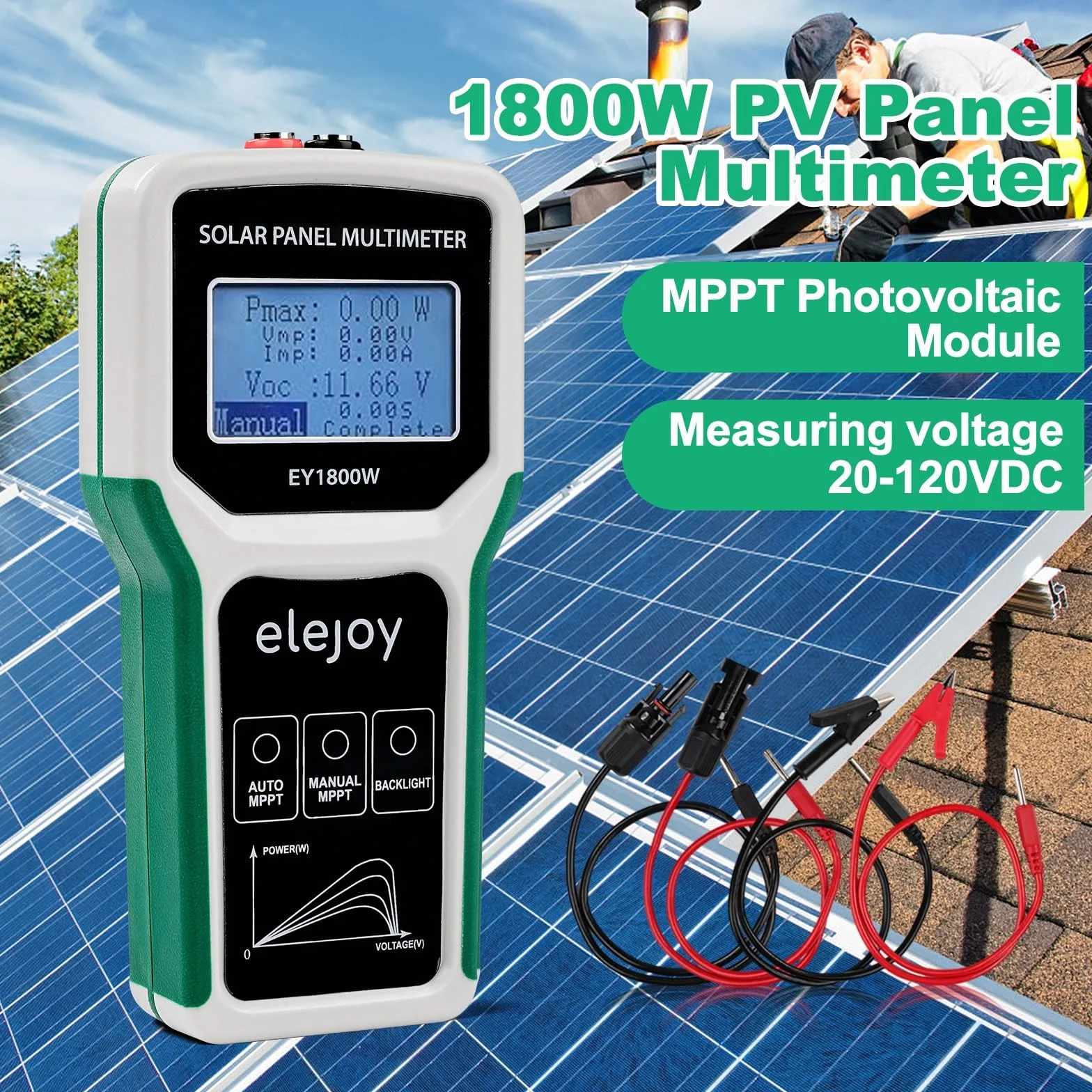 Multímetro para Paneles Solares de 1800 W, Probador de Paneles Solares Medidor de Potencia Fotovoltaica con Detección Inteligente MPPT, para PV Paneles Datos y Medidas de Diagnóstico, DC 20-120 V
