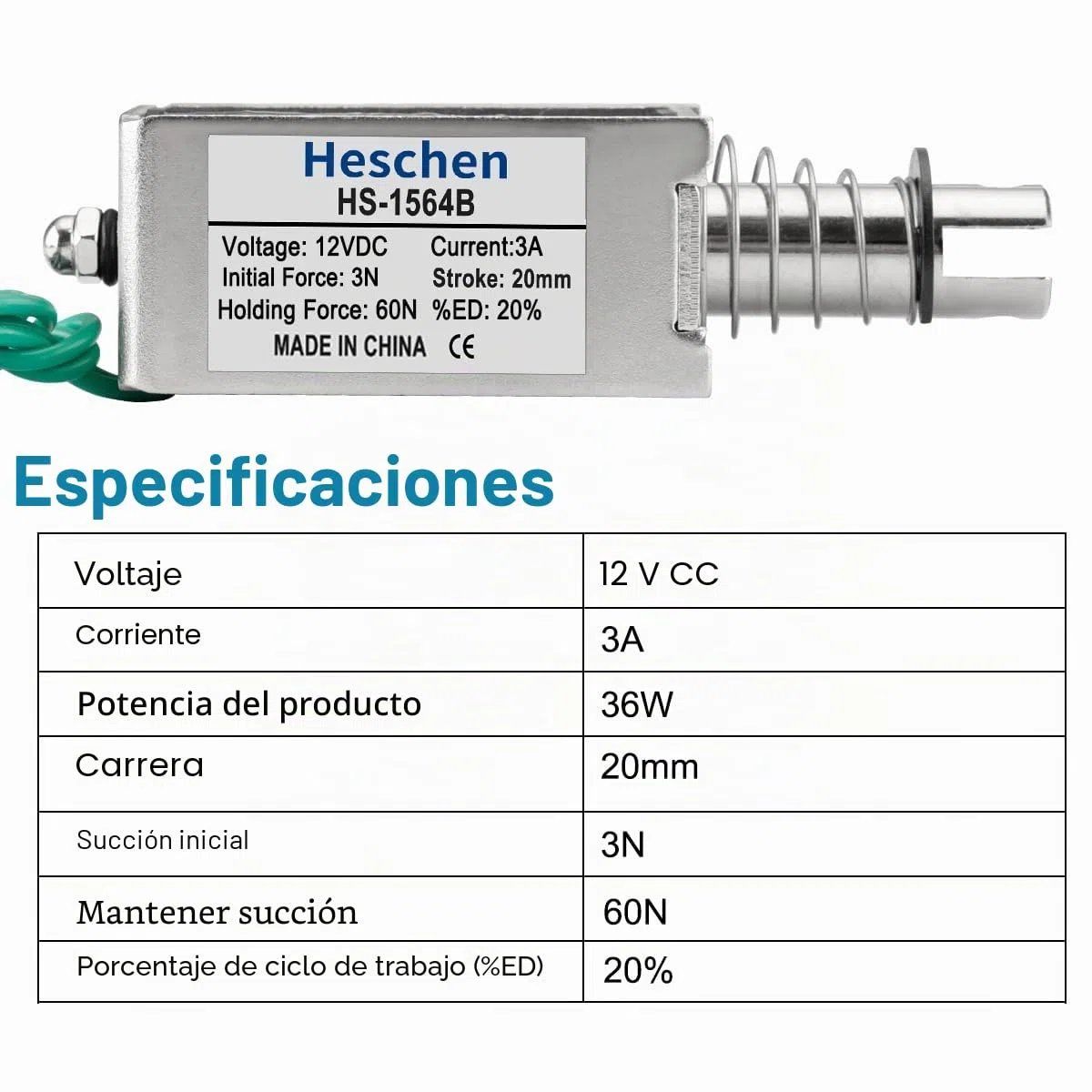 Heschen Electroimán de solenoide, HS-1564B, DC12V 3A, carrera de 20mm, fuerza 60N, tipo Push Pull Tipo, marco abierto, movimiento lineal