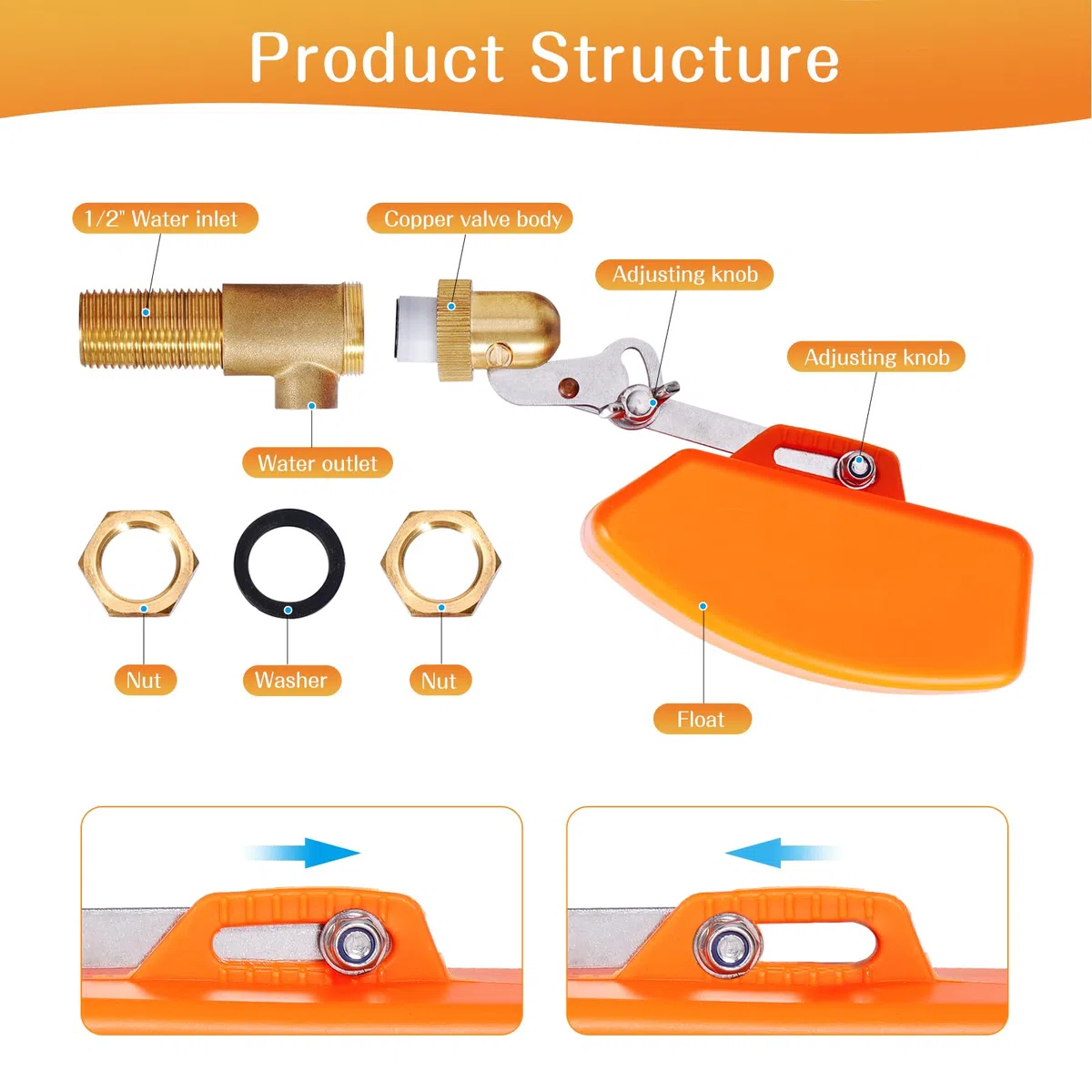 Válvula de flotador de latón de 1/2 pulgadas, válvula de flotador automática para tanque de agua, piscina, bebedero, flotador naranja de plástico, interruptor de flotador (1/2 pulgadas)