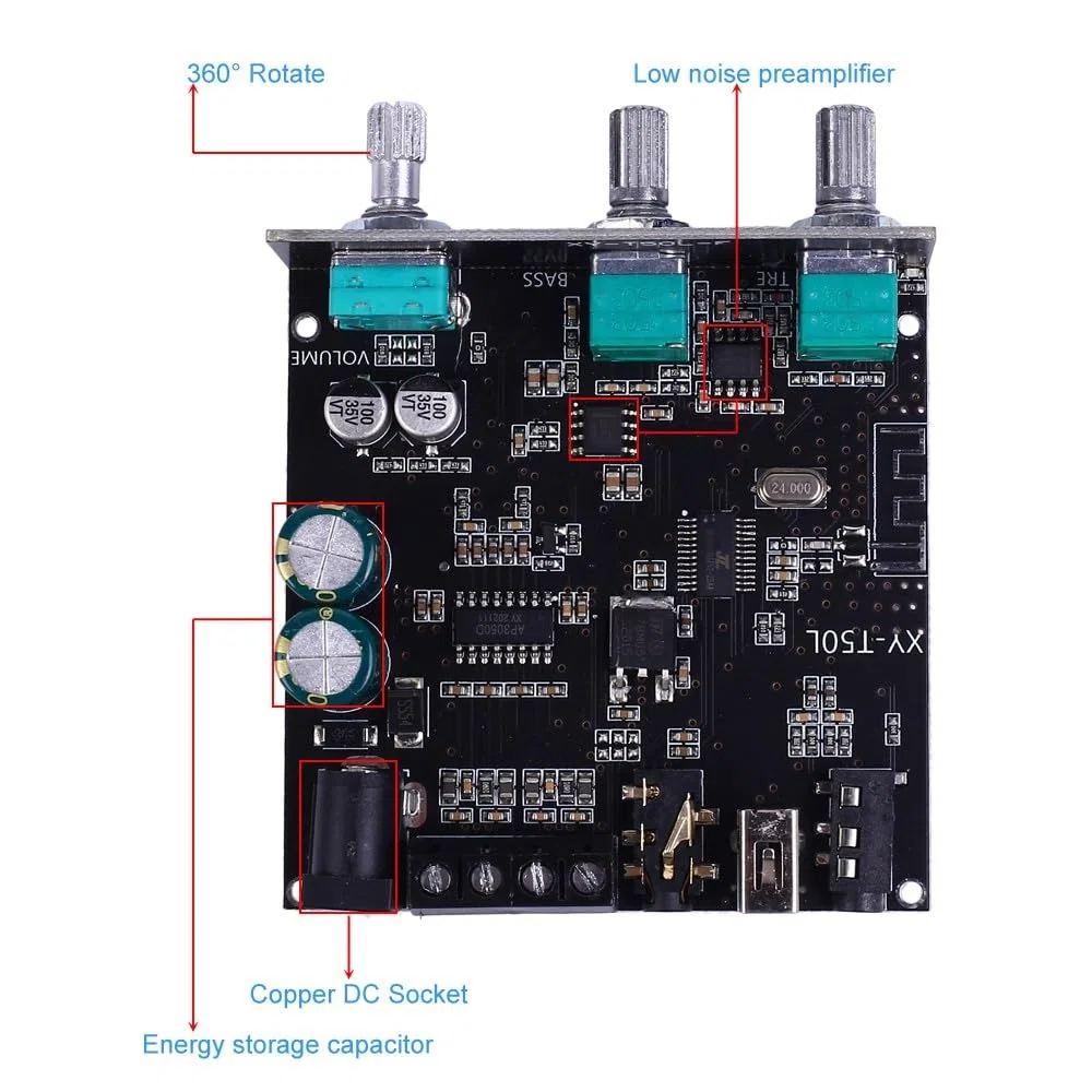 Tablero amplificador Bluetooth, DC 5V-26V amplificador de audio módulo 2.0 canal 50W* 2 BLE5.0 agudos graves AUX/U-disco de audio APP controlador
