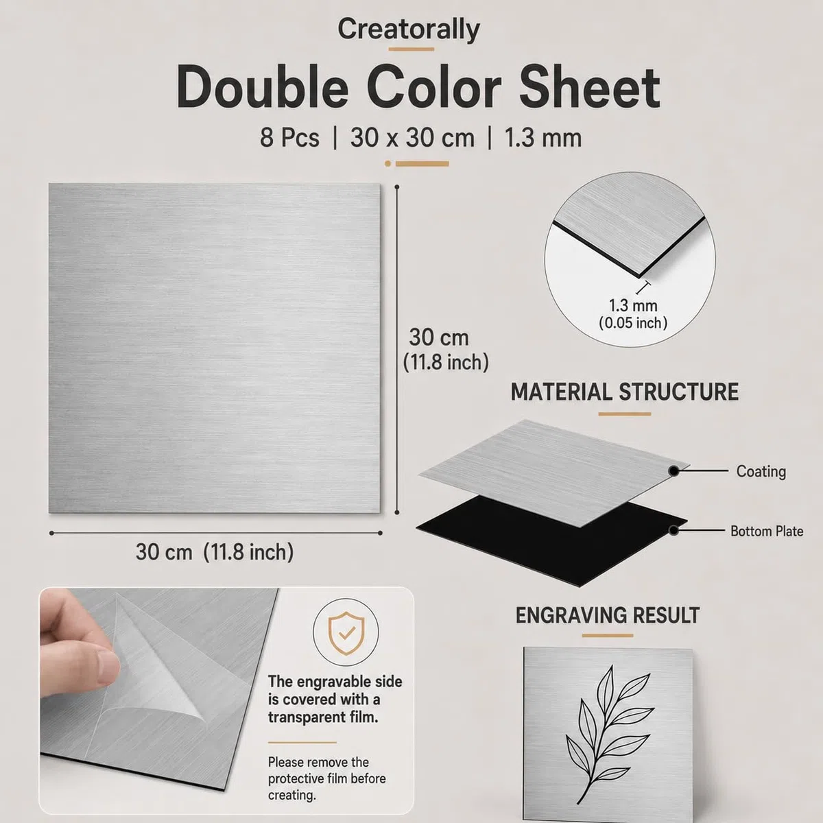 Placa para Grabado Laser, Placa ABS 1,3mm 30x30 cm, Láminas Plástico 8 Piezas Acrílico para Grabar con Láser, Bicolor Panel Moldeable de Plástico (Negro sobre Plata Cepillada)