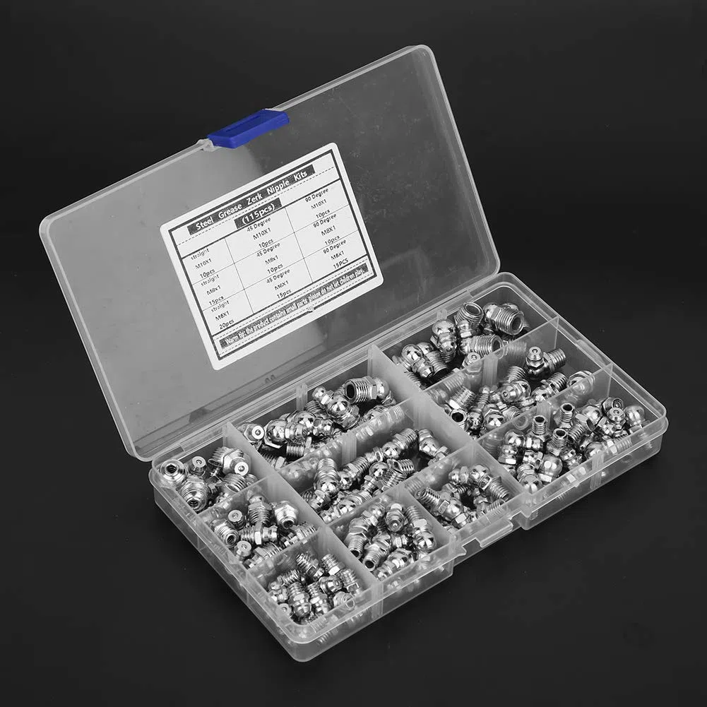 Kit de accesorios de engrase hidráulico de 115 piezas, accesorios de engrasador Zerk de grasa de acero Anticorrosión y antioxidante M6 M8 M10 incluyendo codo de tubo recto